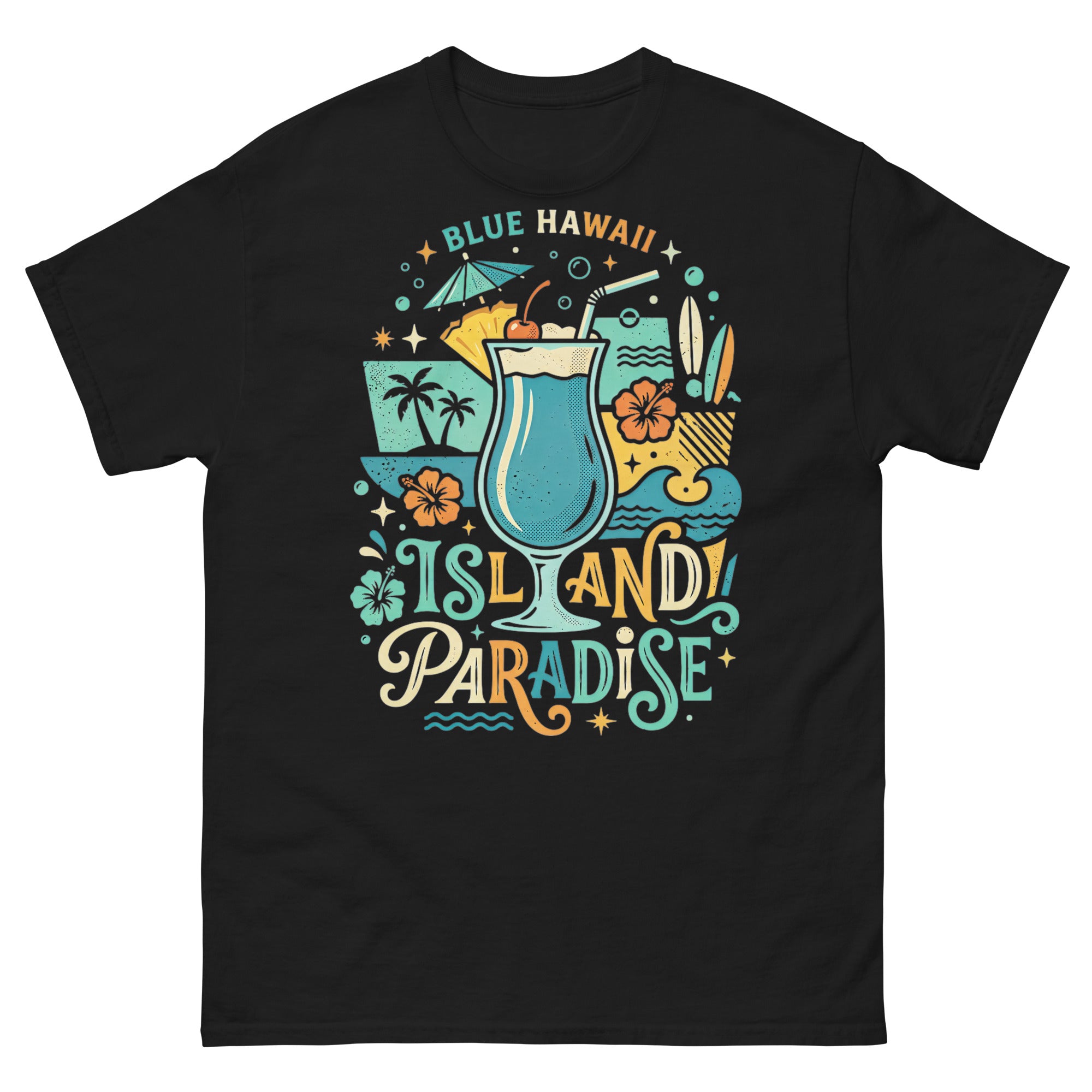 Blue Hawaii Island Paradise v1 Hawaiian t-shirt design on a Black unisex tee