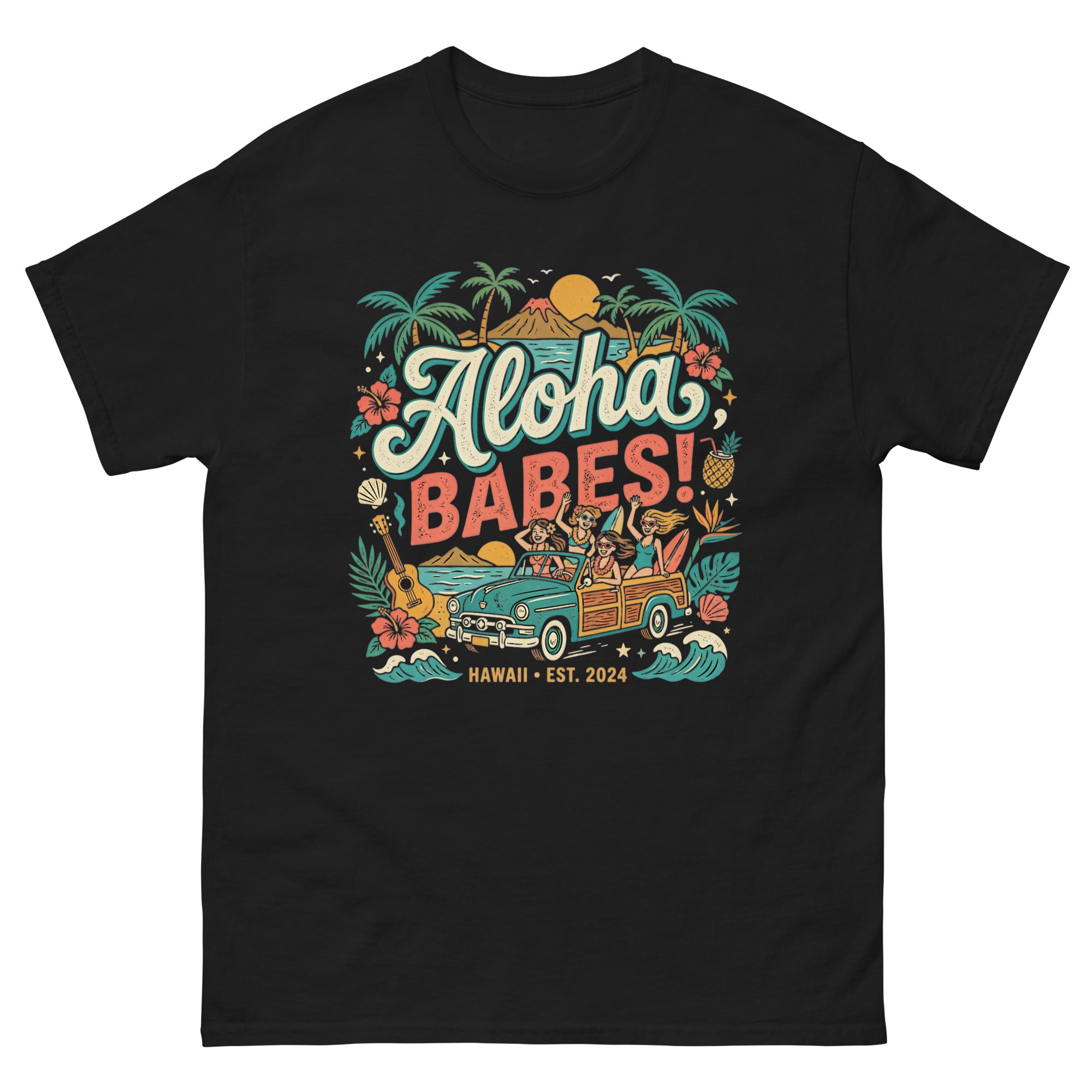 Aloha Sisters v4 Hawaiian t-shirt design on a Black unisex tee