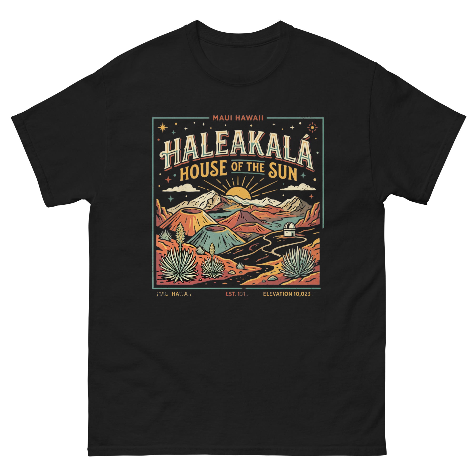 Haleakala House of the Sun Hawaiian t-shirt design on a Black unisex tee