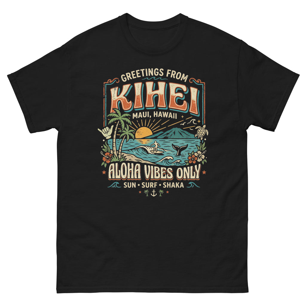 Greetings from Kihei Hawaiian t-shirt design on a Black unisex tee