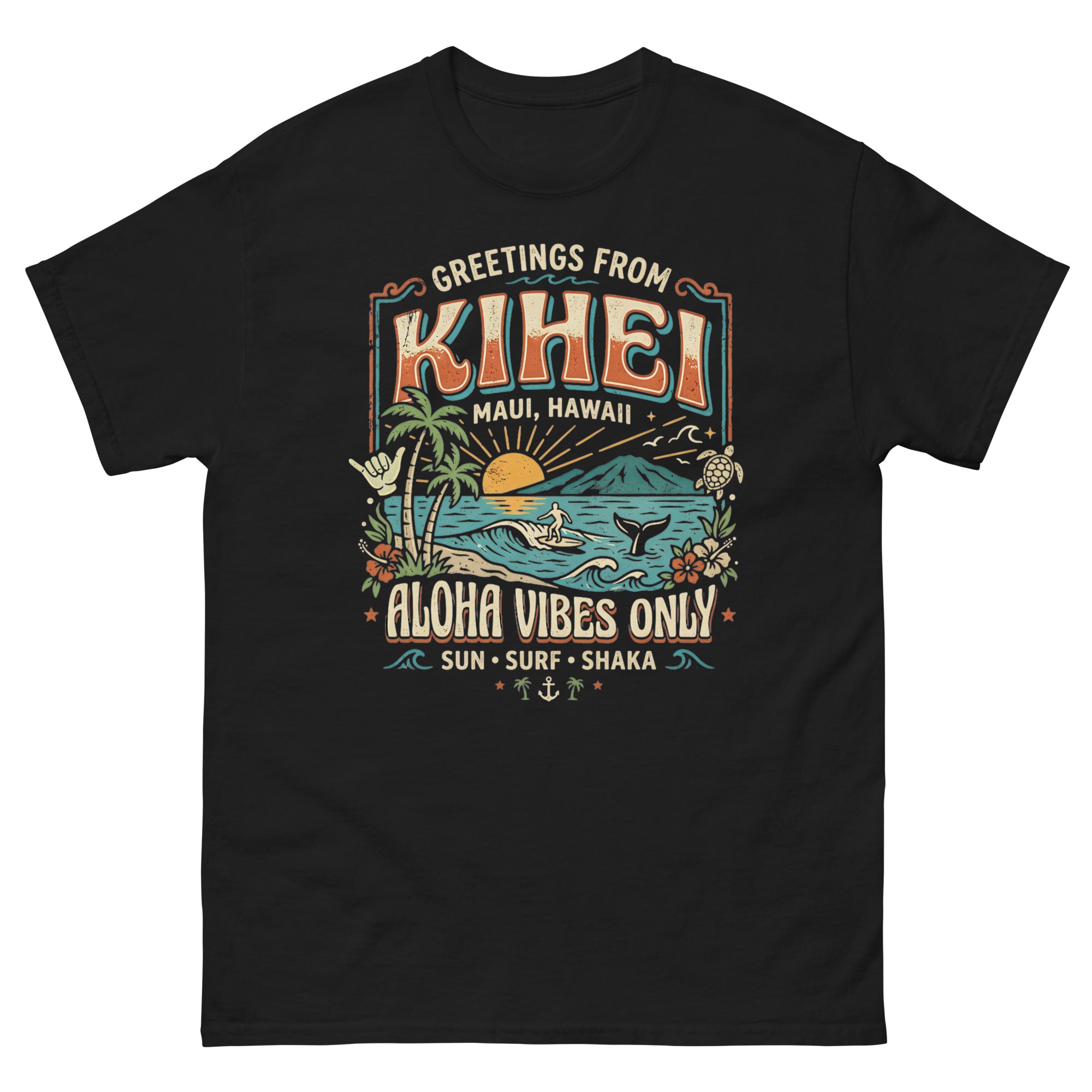 Greetings from Kihei Hawaiian t-shirt design on a Black unisex tee