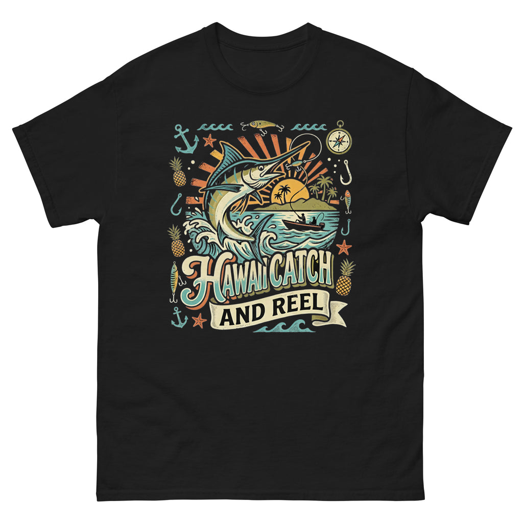 Hawaii Catch and Reel Hawaiian t-shirt design on a Black unisex tee
