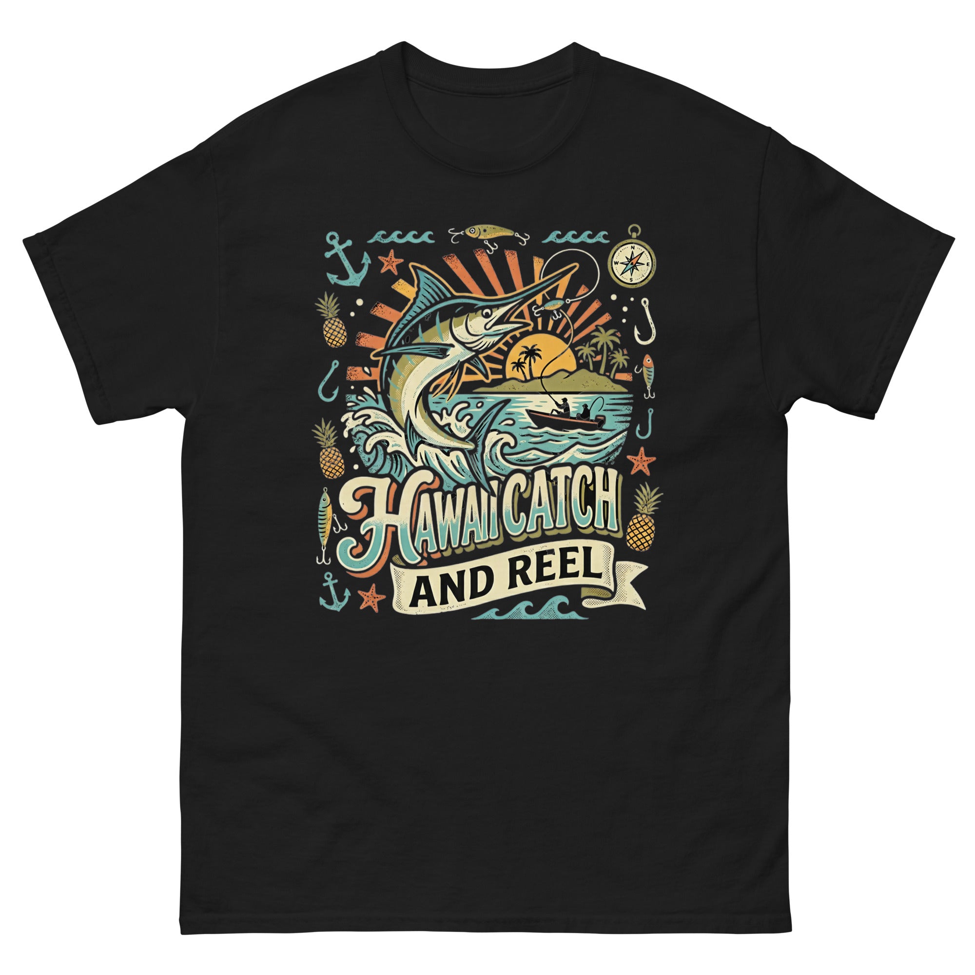 Hawaii Catch and Reel Hawaiian t-shirt design on a Black unisex tee