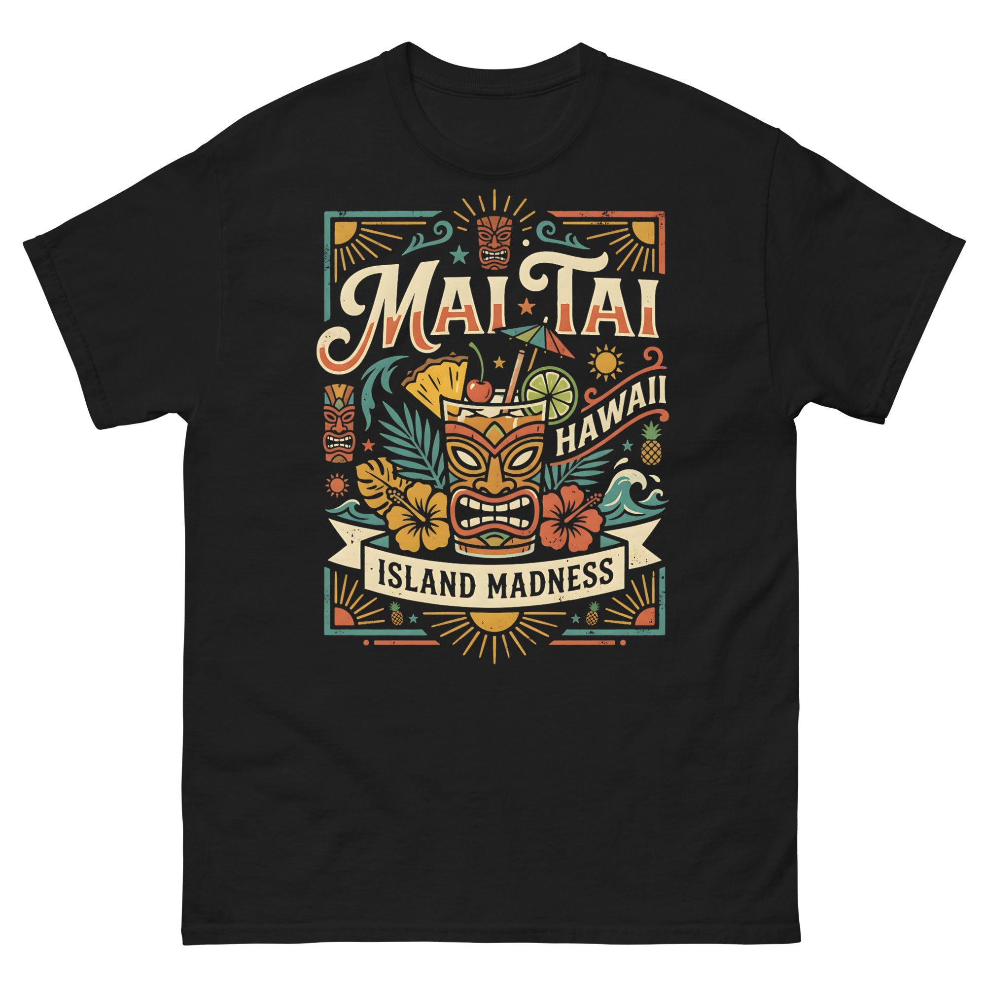 Island Mai Tai Time Hawaiian t-shirt design on a Black unisex tee
