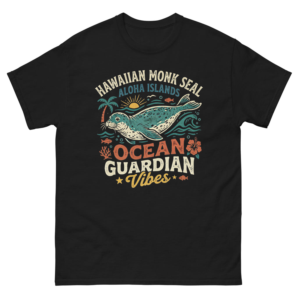 Hawaiian Monk Seal Ocean Guardian Hawaiian t-shirt design on a Black unisex tee