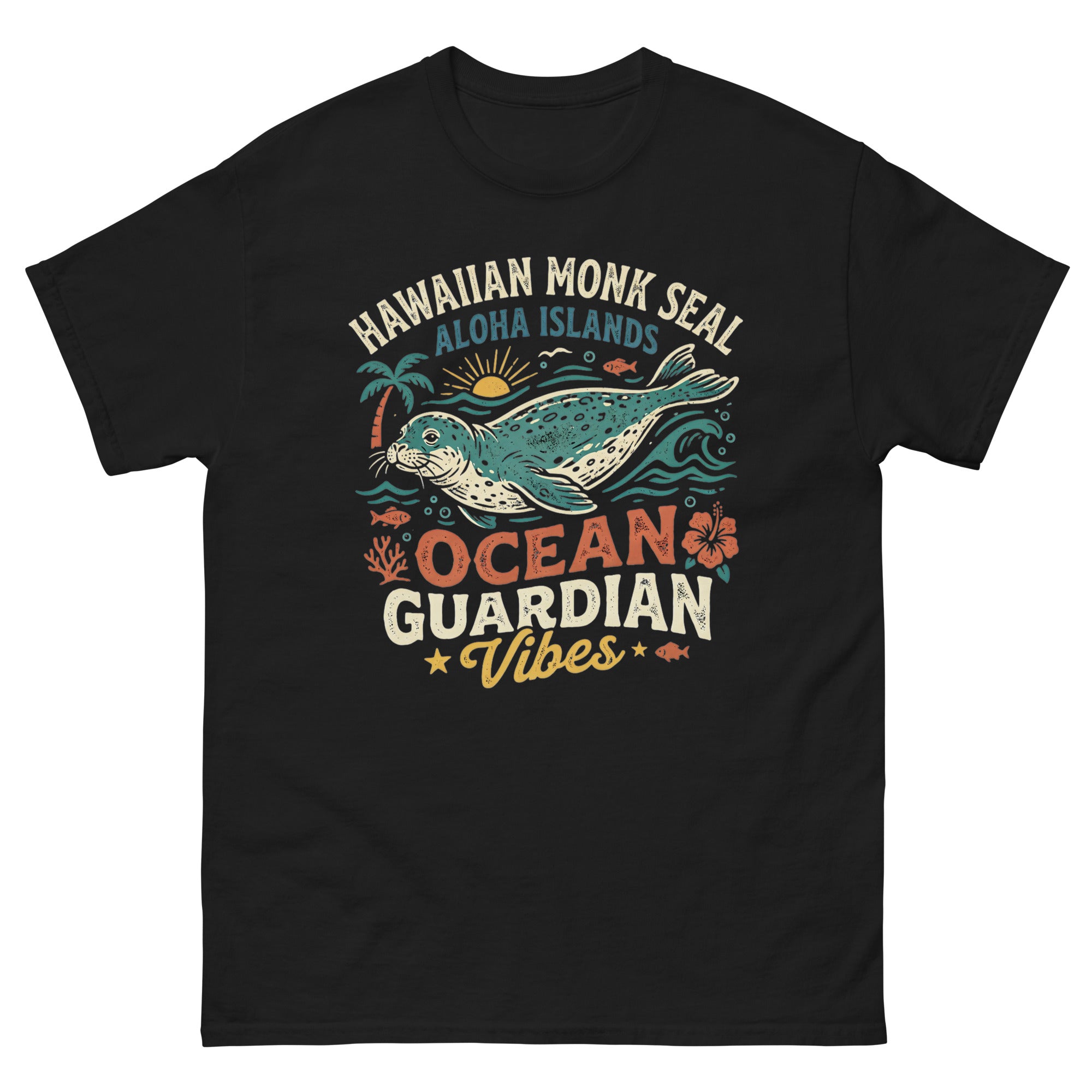 Hawaiian Monk Seal Ocean Guardian Hawaiian t-shirt design on a Black unisex tee