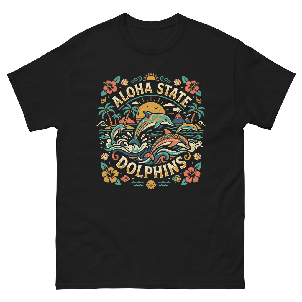 Aloha State Dolphins Hawaiian t-shirt design on a Black unisex tee