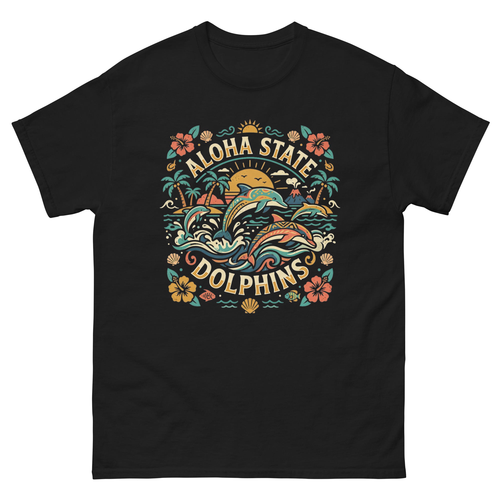 Aloha State Dolphins Hawaiian t-shirt design on a Black unisex tee