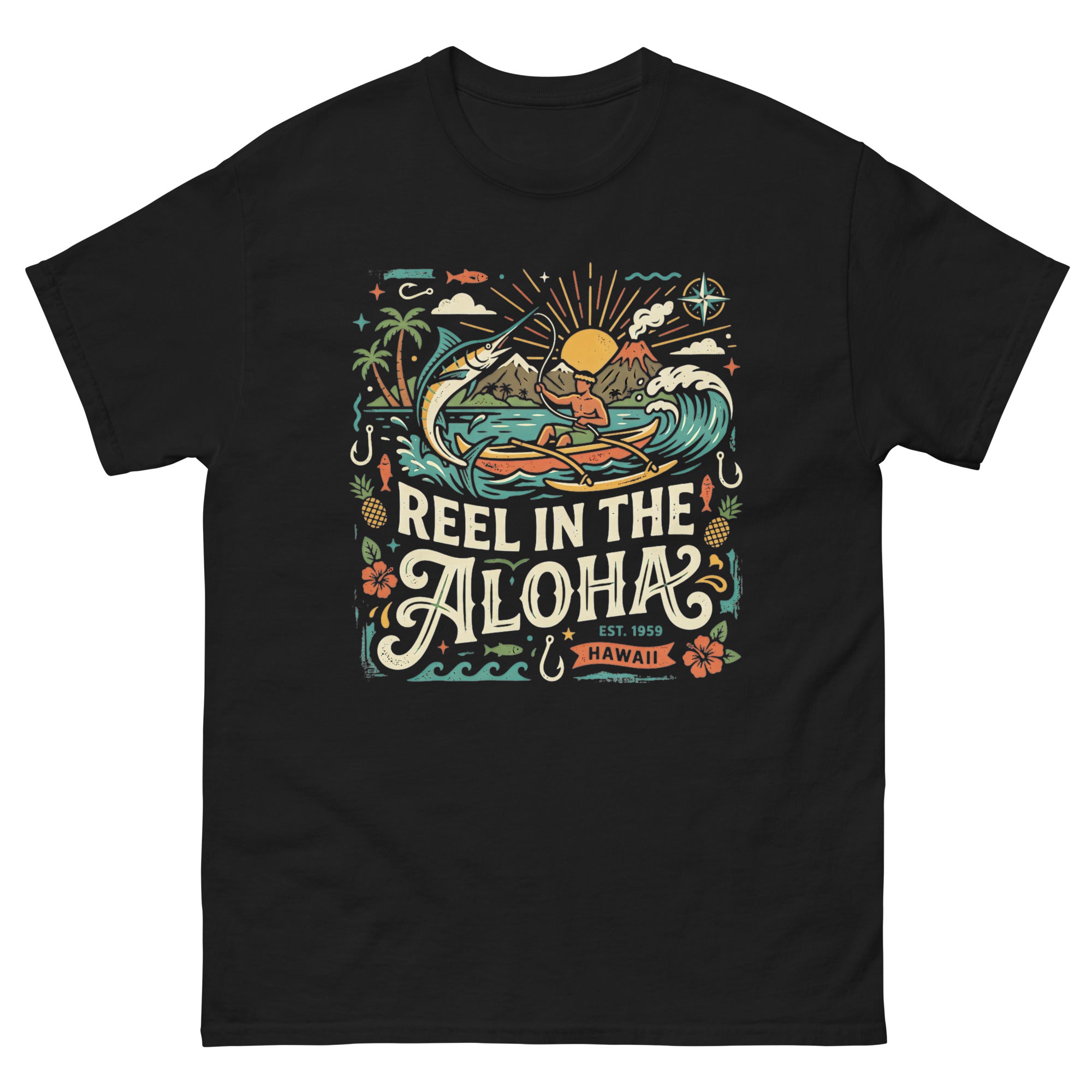 Reel in the Aloha Hawaiian t-shirt design on a Black unisex tee
