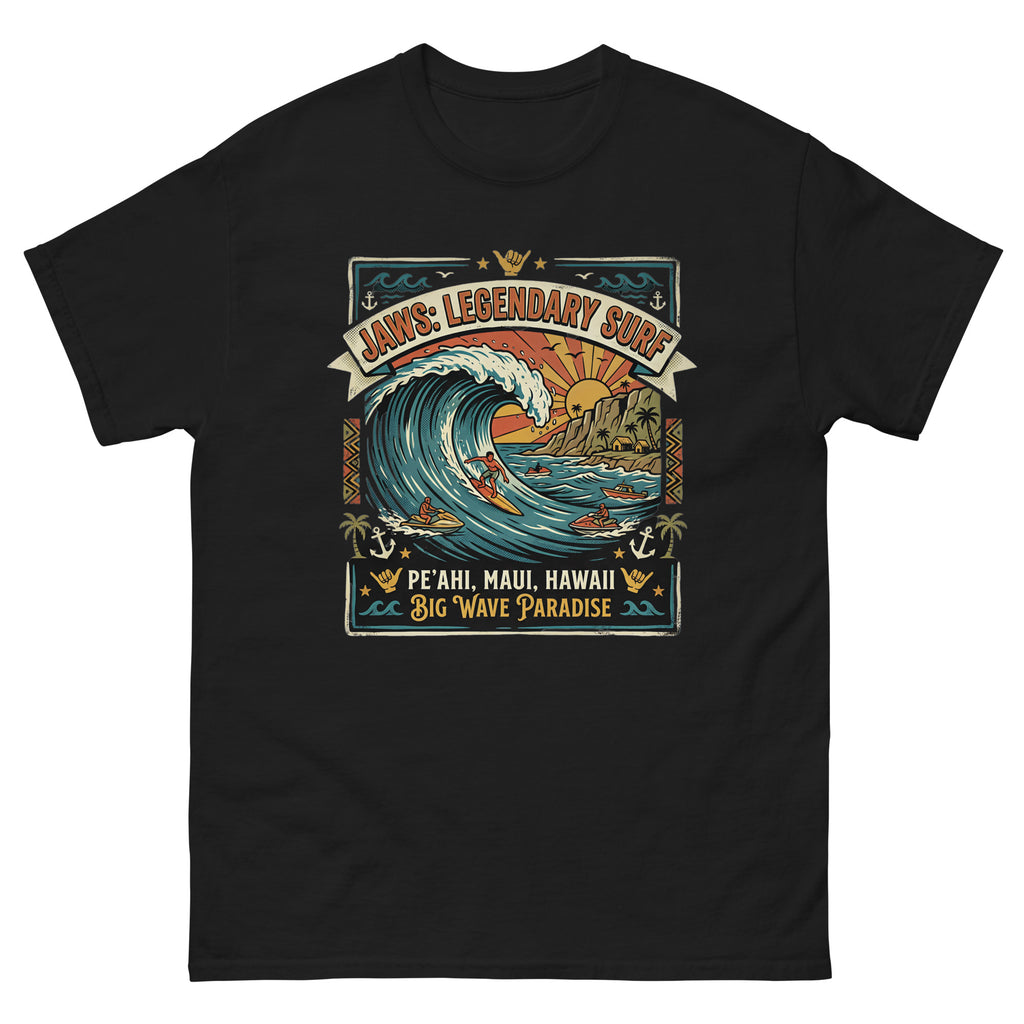 Jaws Legendary Surf Peahi Hawaiian t-shirt design on a Black unisex tee