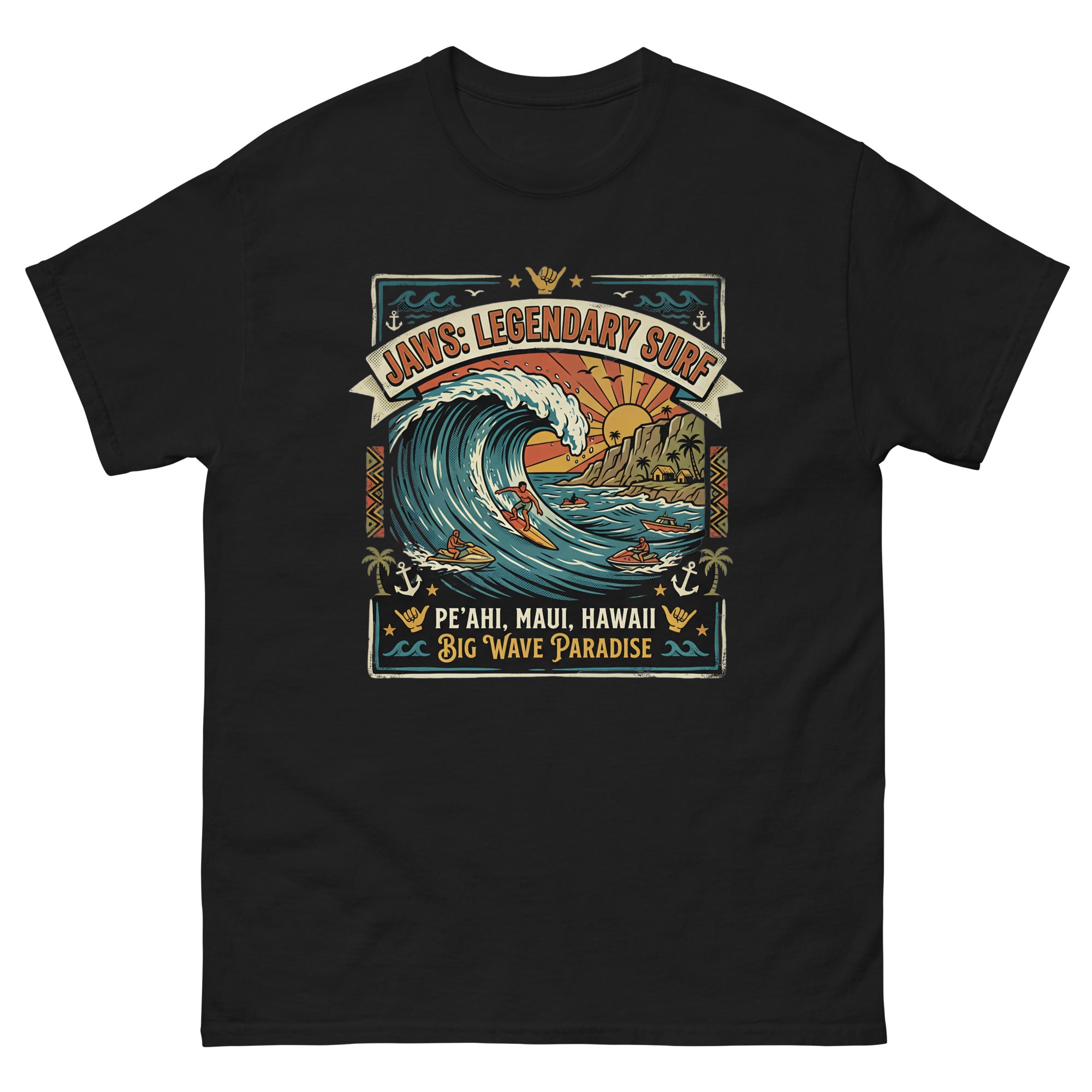 Jaws Legendary Surf Peahi Hawaiian t-shirt design on a Black unisex tee