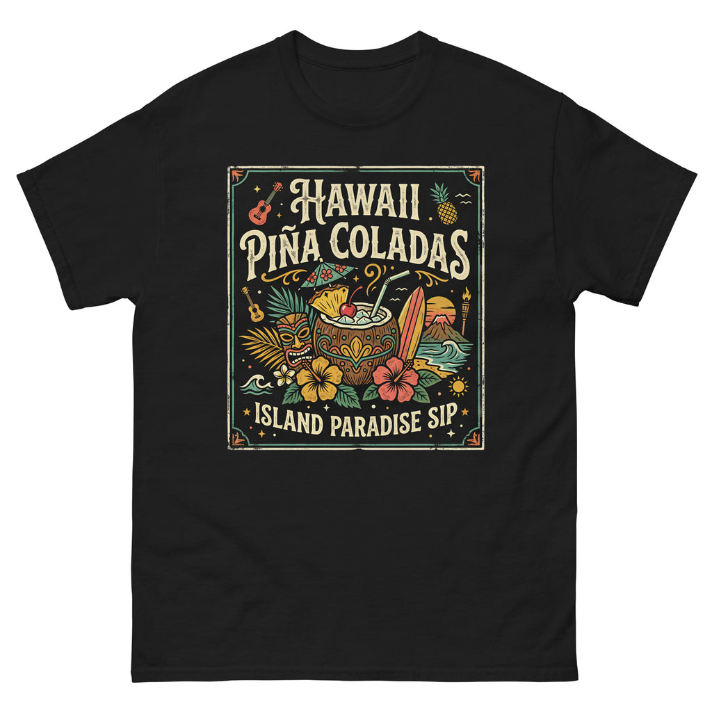 Hawaii Pina Coladas Aloha in a Glass Hawaiian t-shirt design on a Black unisex tee