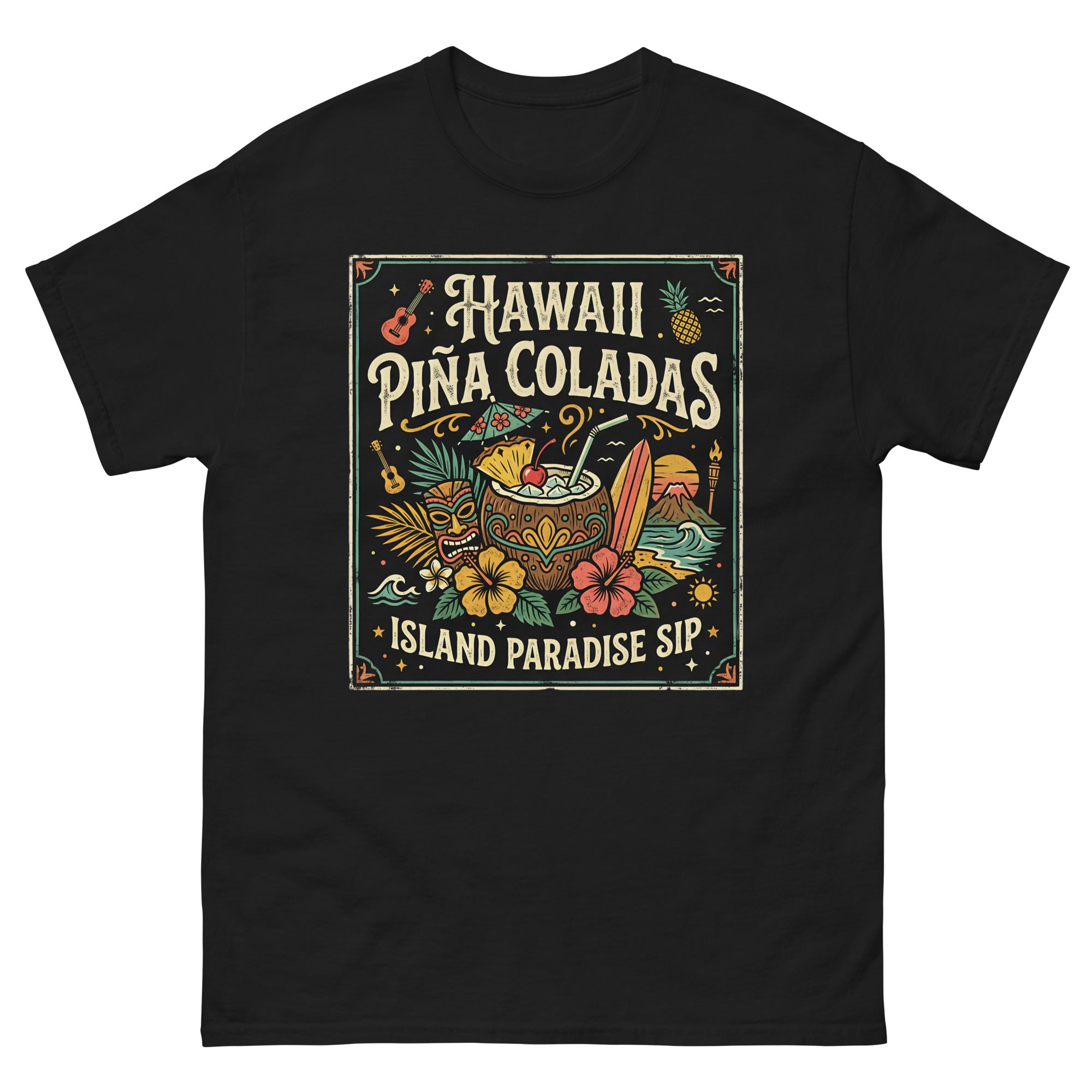 Hawaii Pina Coladas Aloha in a Glass Hawaiian t-shirt design on a Black unisex tee