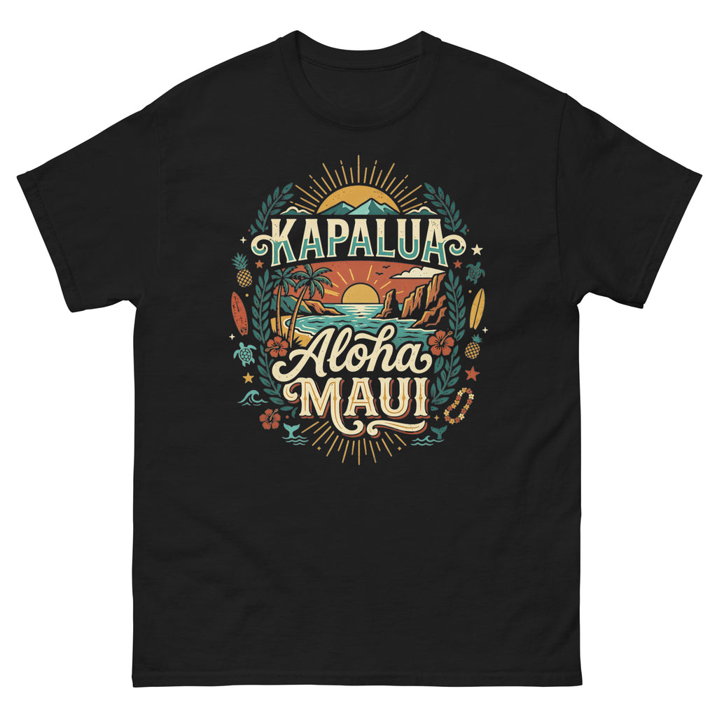 Kapalua Aloha Maui Hawaiian t-shirt design on a Black unisex tee