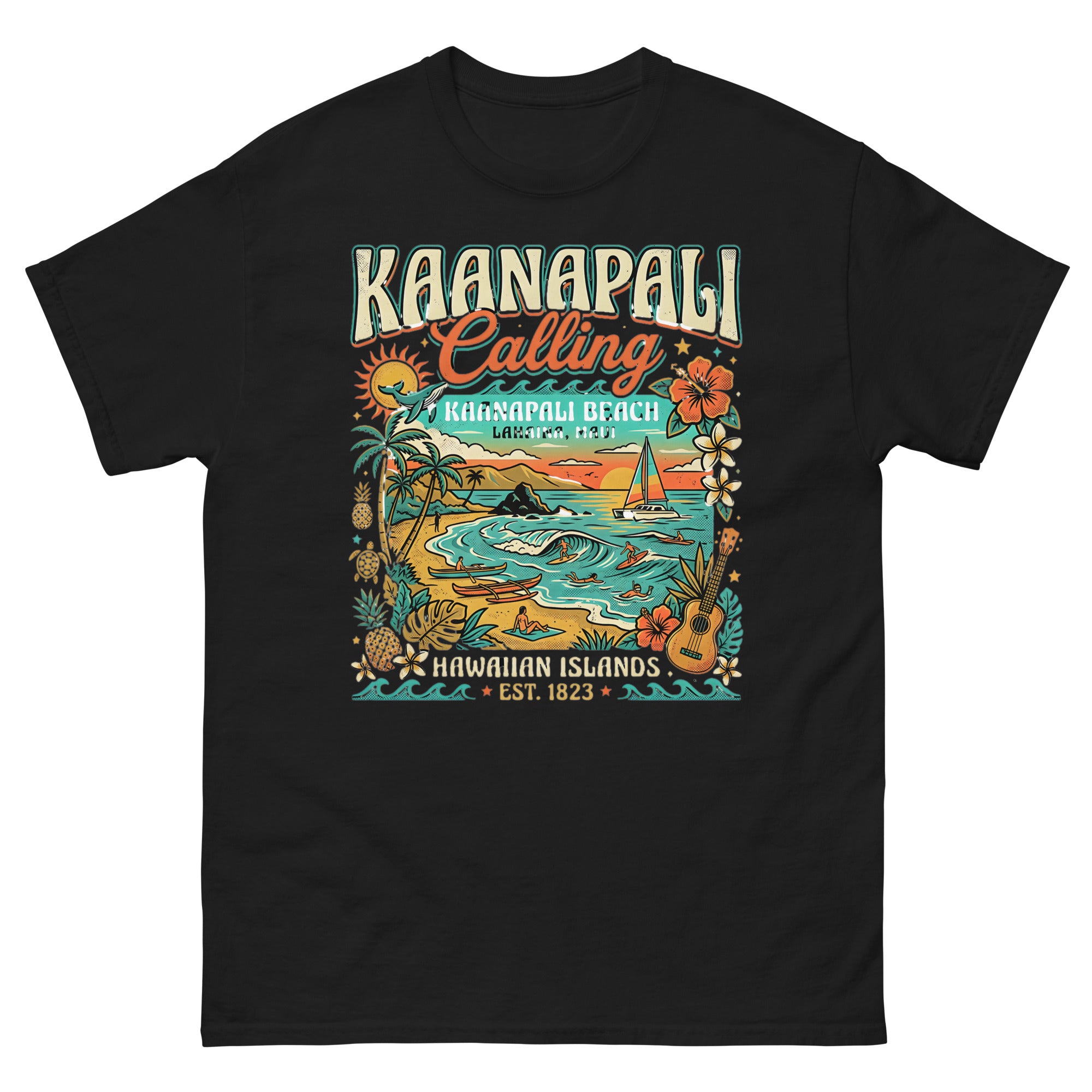 Kaanapali Calling Beach v1 Hawaiian t-shirt design on a Black unisex tee