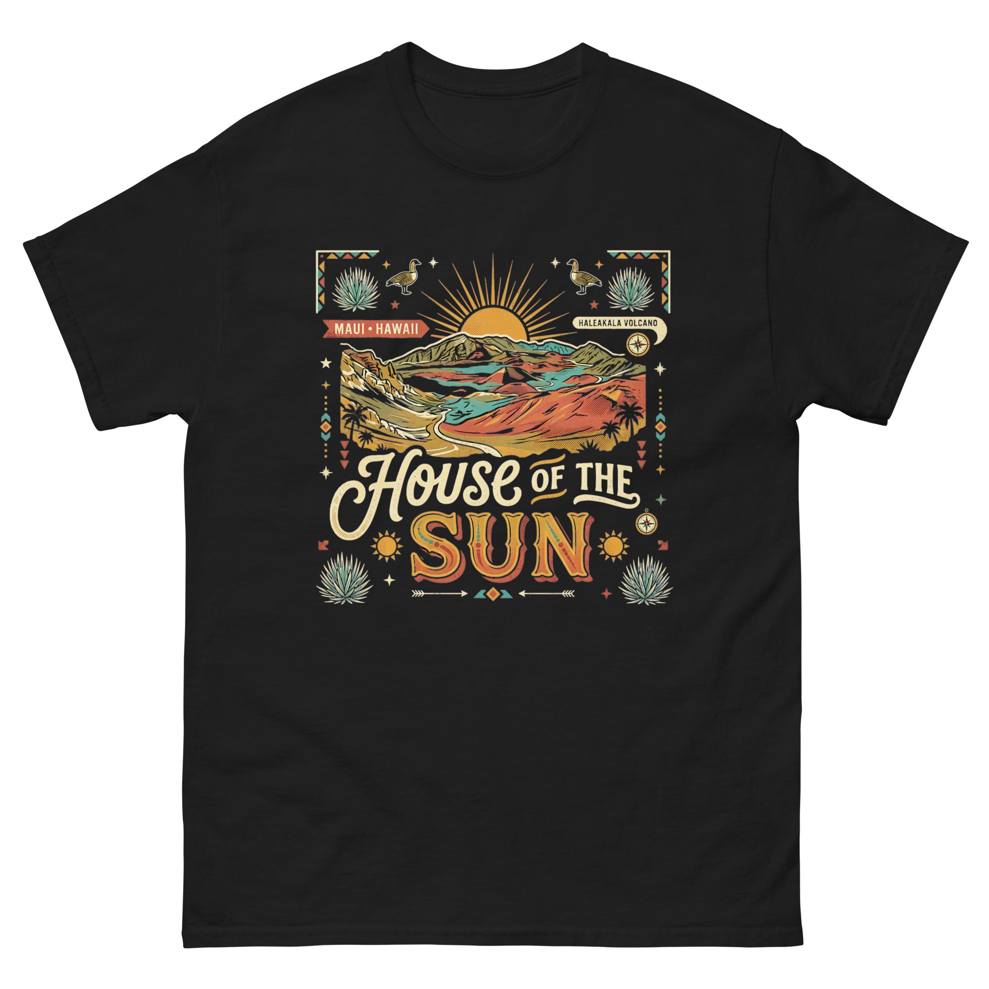 House of the Sun Haleakala Volcano Hawaiian t-shirt design on a Black unisex tee