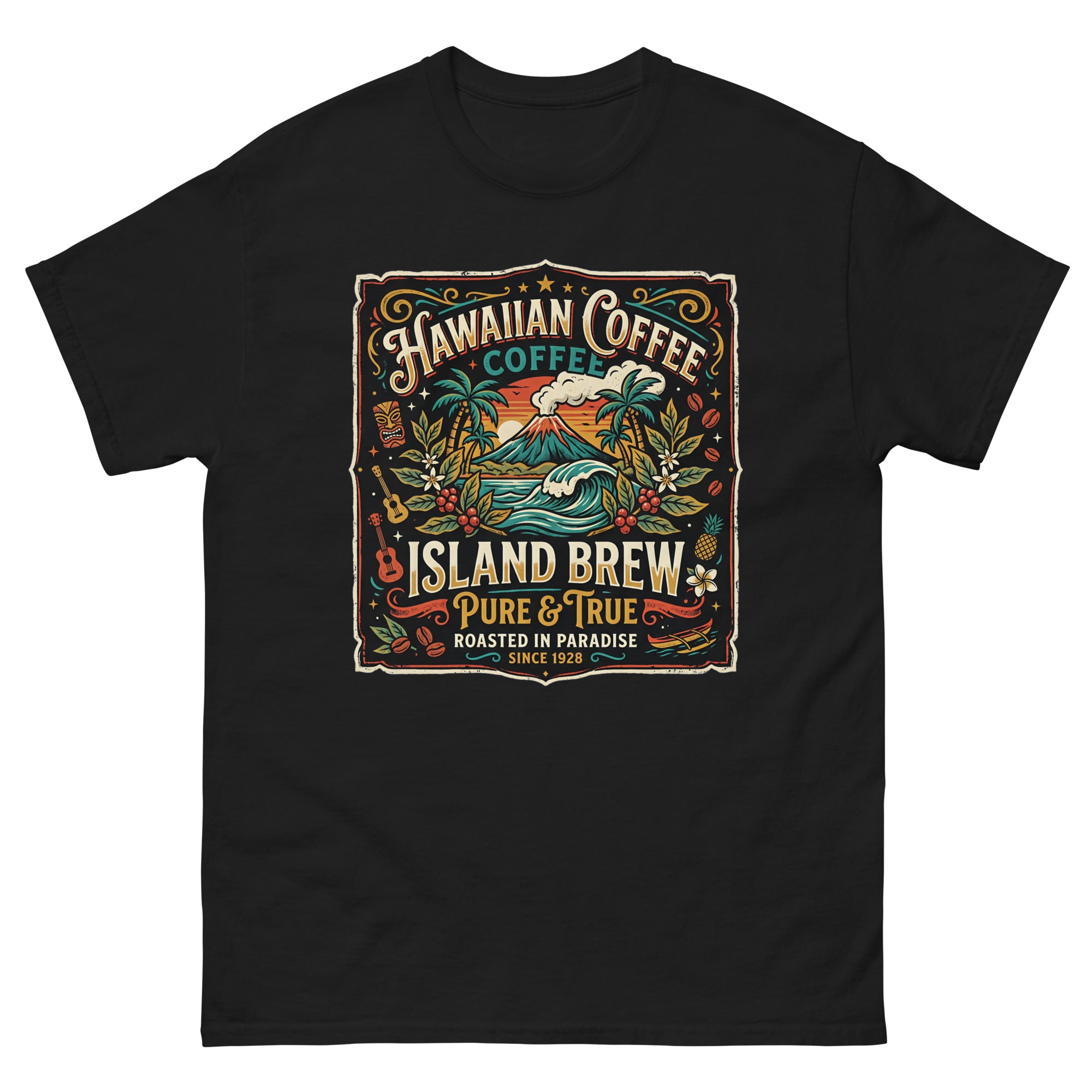 Hawaiian Coffee Island Brew Hawaiian t-shirt design on a Black unisex tee