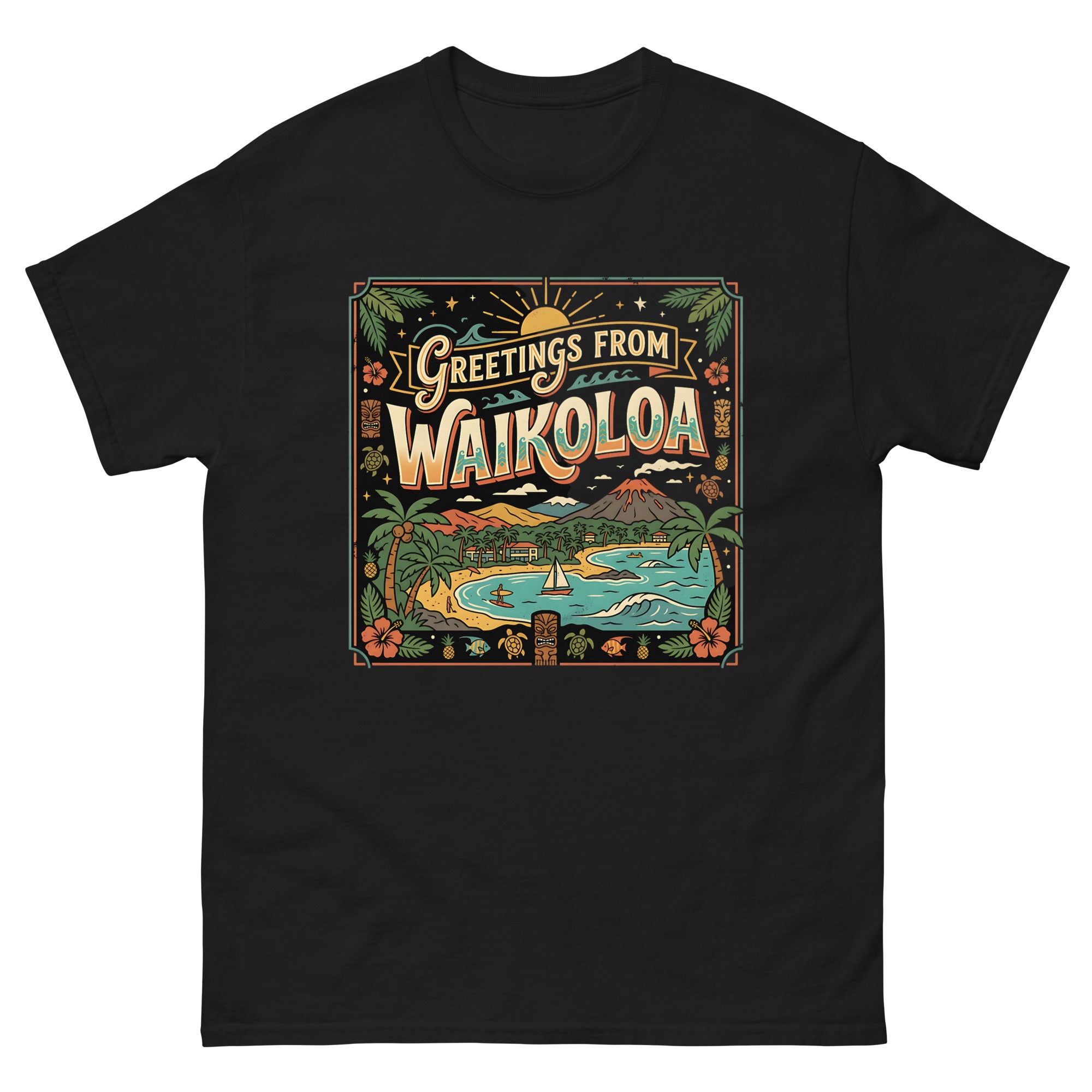 Greetings from Waikoloa Hawaiian t-shirt design on a Black unisex tee