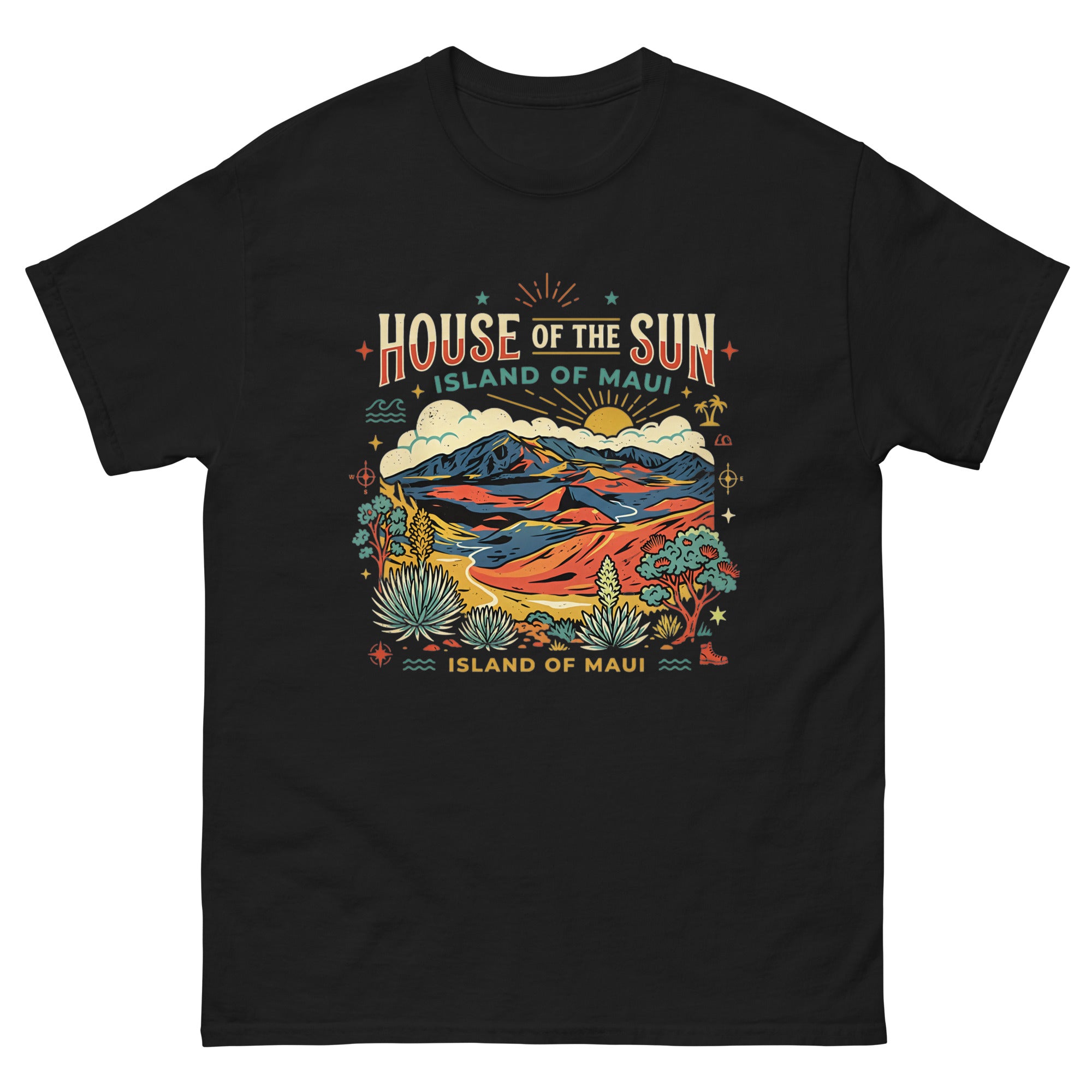 House of the Sun Island of Maui Hawaiian t-shirt design on a Black unisex tee