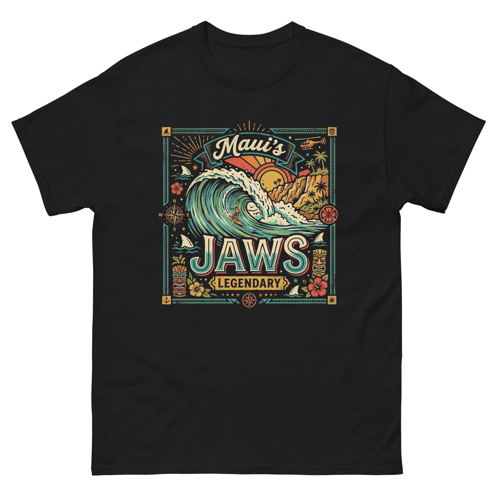 Mauis Jaws Legendary Hawaiian t-shirt design on a Black unisex tee