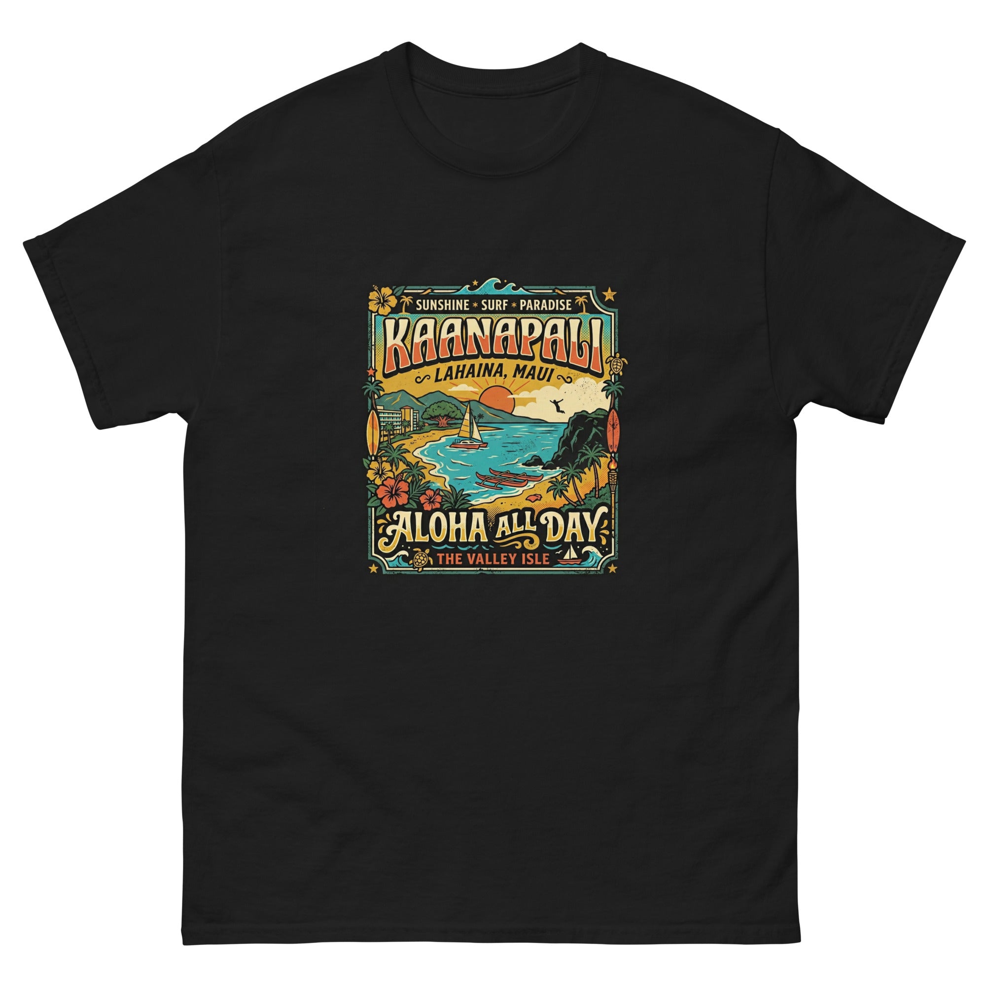 Kaanapali Lahaina Aloha All Day v1 Hawaiian t-shirt design on a Black unisex tee