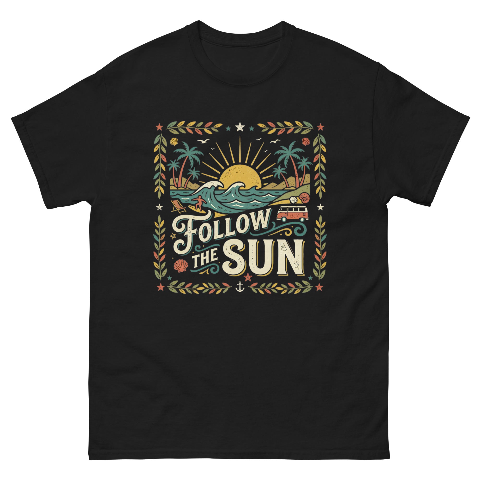 Chasing the Sun v2 Hawaiian t-shirt design on a Black unisex tee