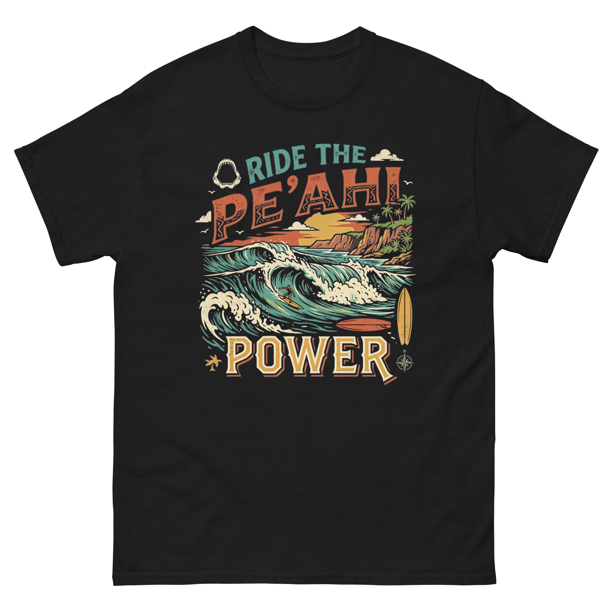 Ride the Peahi Power Hawaiian t-shirt design on a Black unisex tee