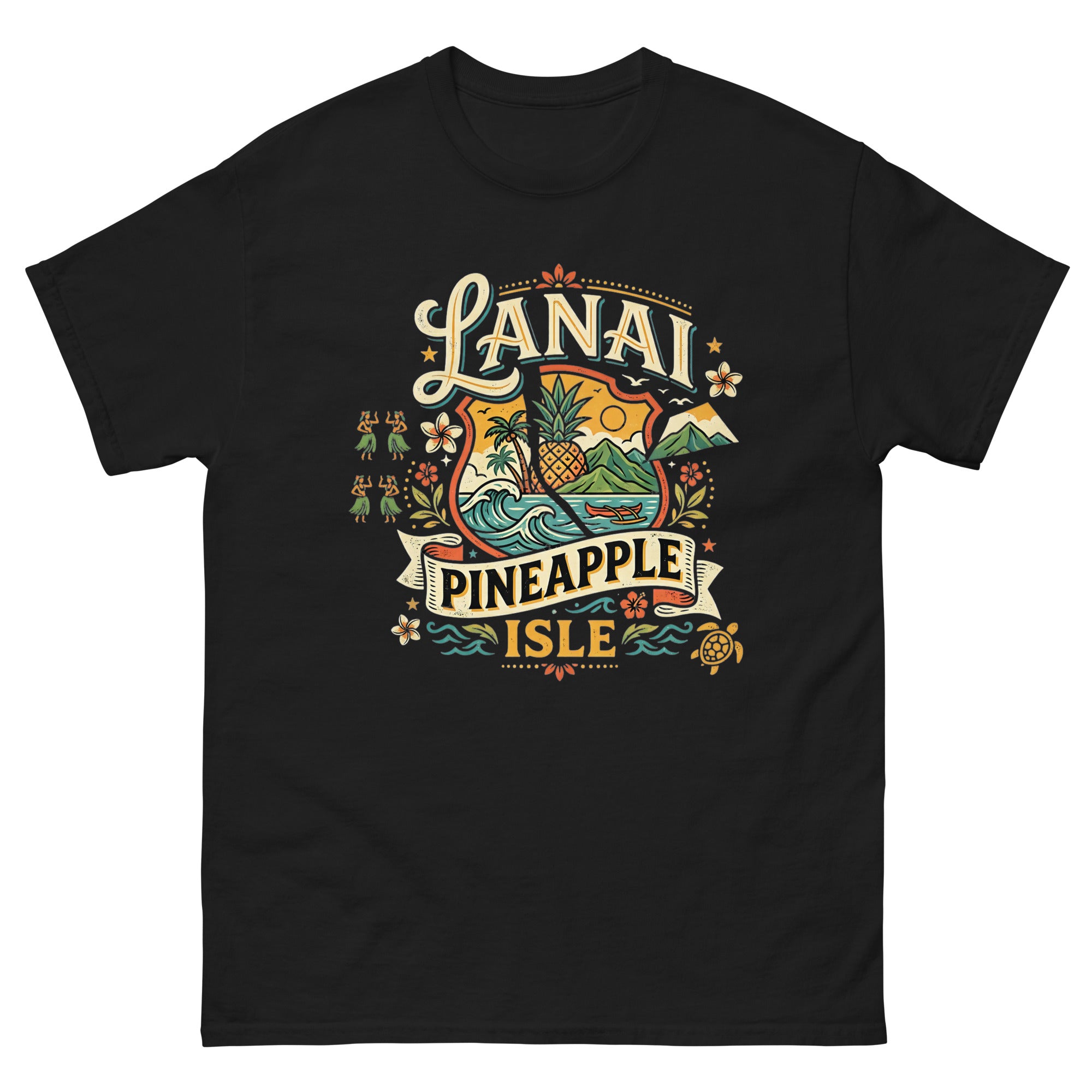 Lanai Pineapple Isle Hawaiian t-shirt design on a Black unisex tee