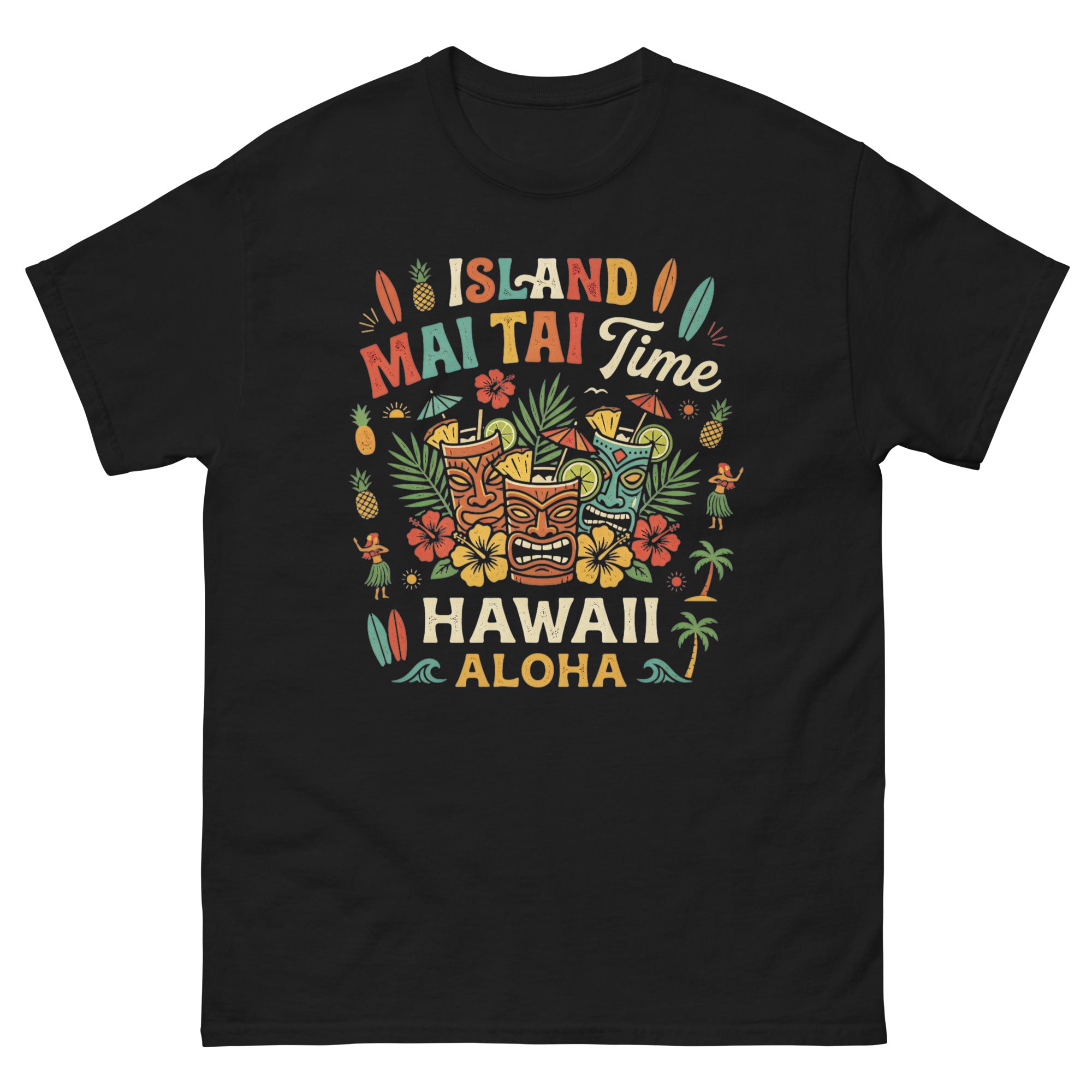 Island Mai Tai Time Hawaii v1 Hawaiian t-shirt design on a Black unisex tee