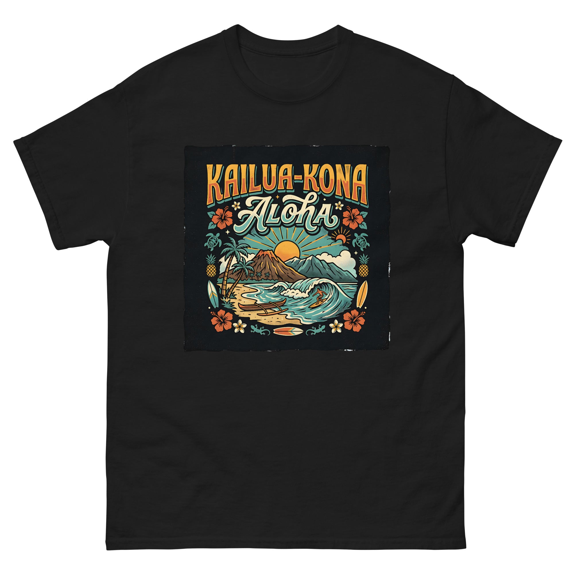 Kailua Kona Aloha Hawaiian t-shirt design on a Black unisex tee