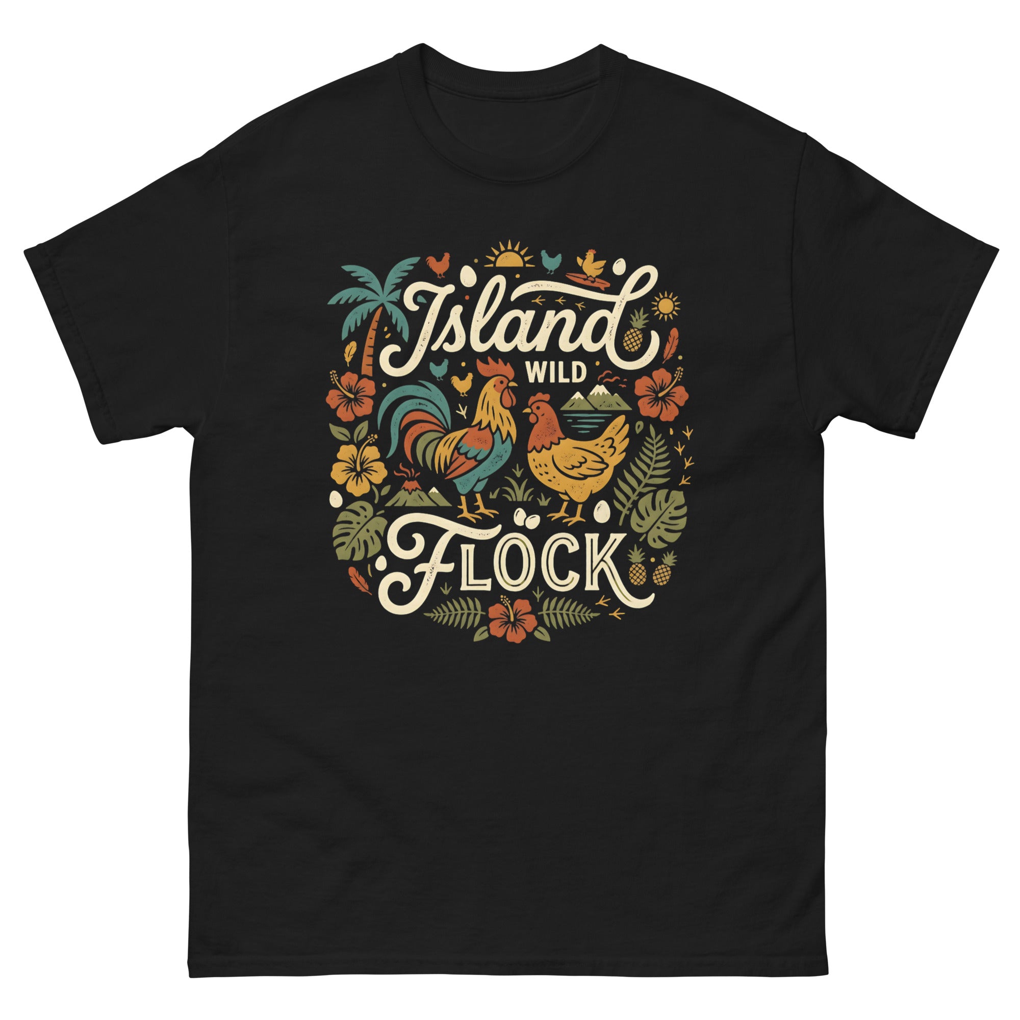 Island Wild Flock Hawaiian t-shirt design on a Black unisex tee
