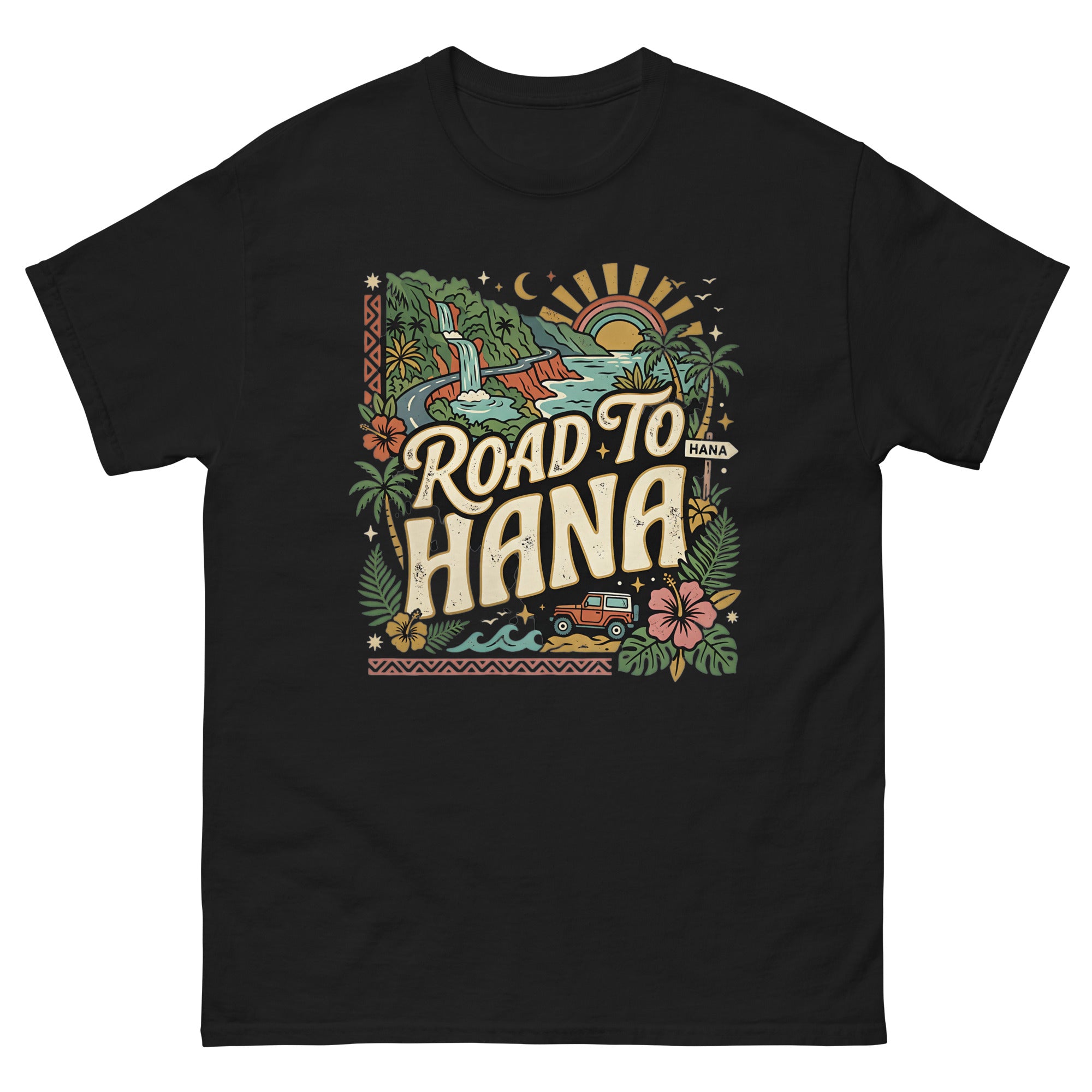 Road to Hana Jeep Hawaiian t-shirt design on a Black unisex tee