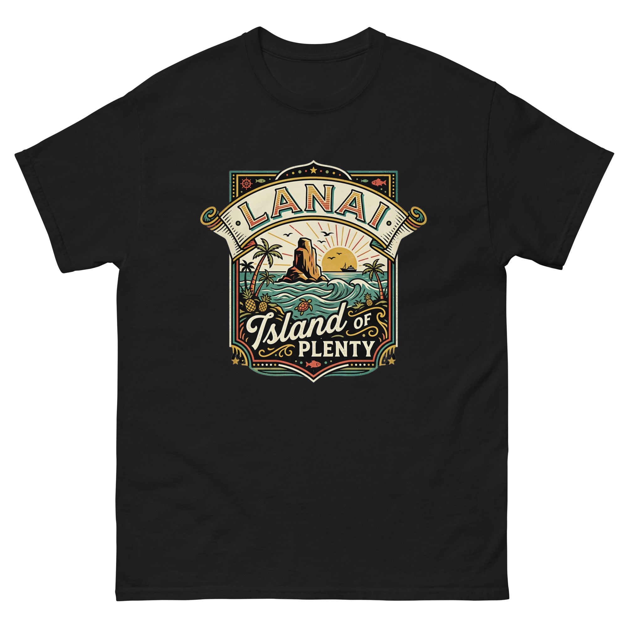 Lanai Island of Plenty Hawaiian t-shirt design on a Black unisex tee