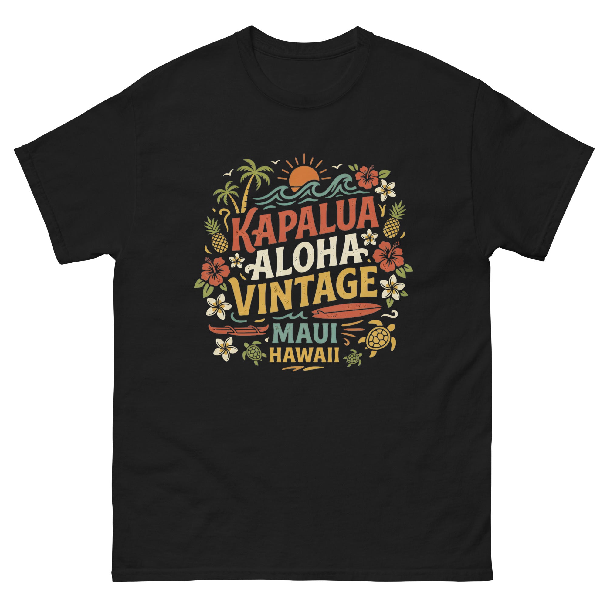 Kapalua Aloha Vintage Maui Hawaiian t-shirt design on a Black unisex tee