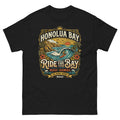 Honolua Bay Ride the Bay Hawaiian t-shirt design on a Black unisex tee