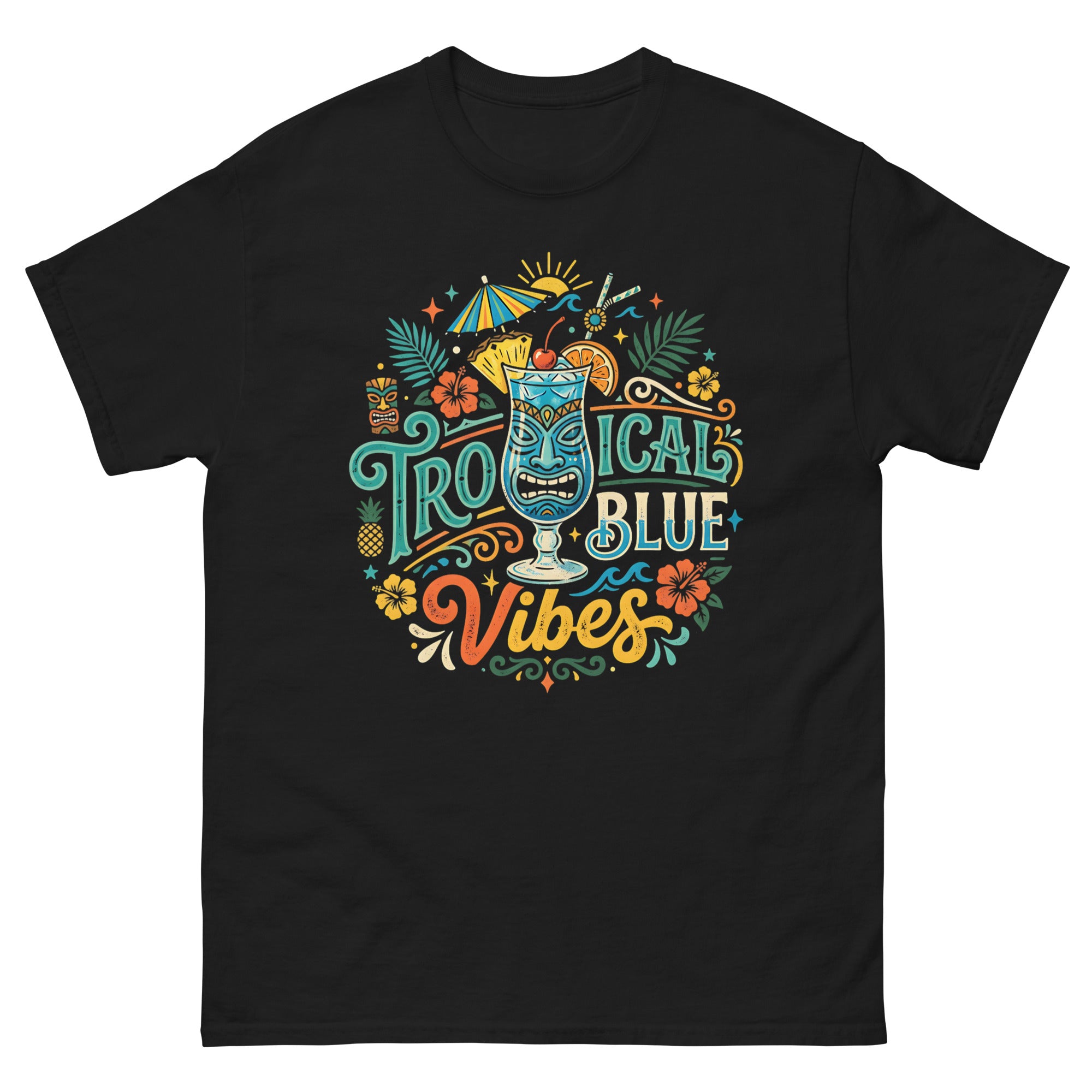 Blue Hawaii Island Paradise v4 Hawaiian t-shirt design on a Black unisex tee