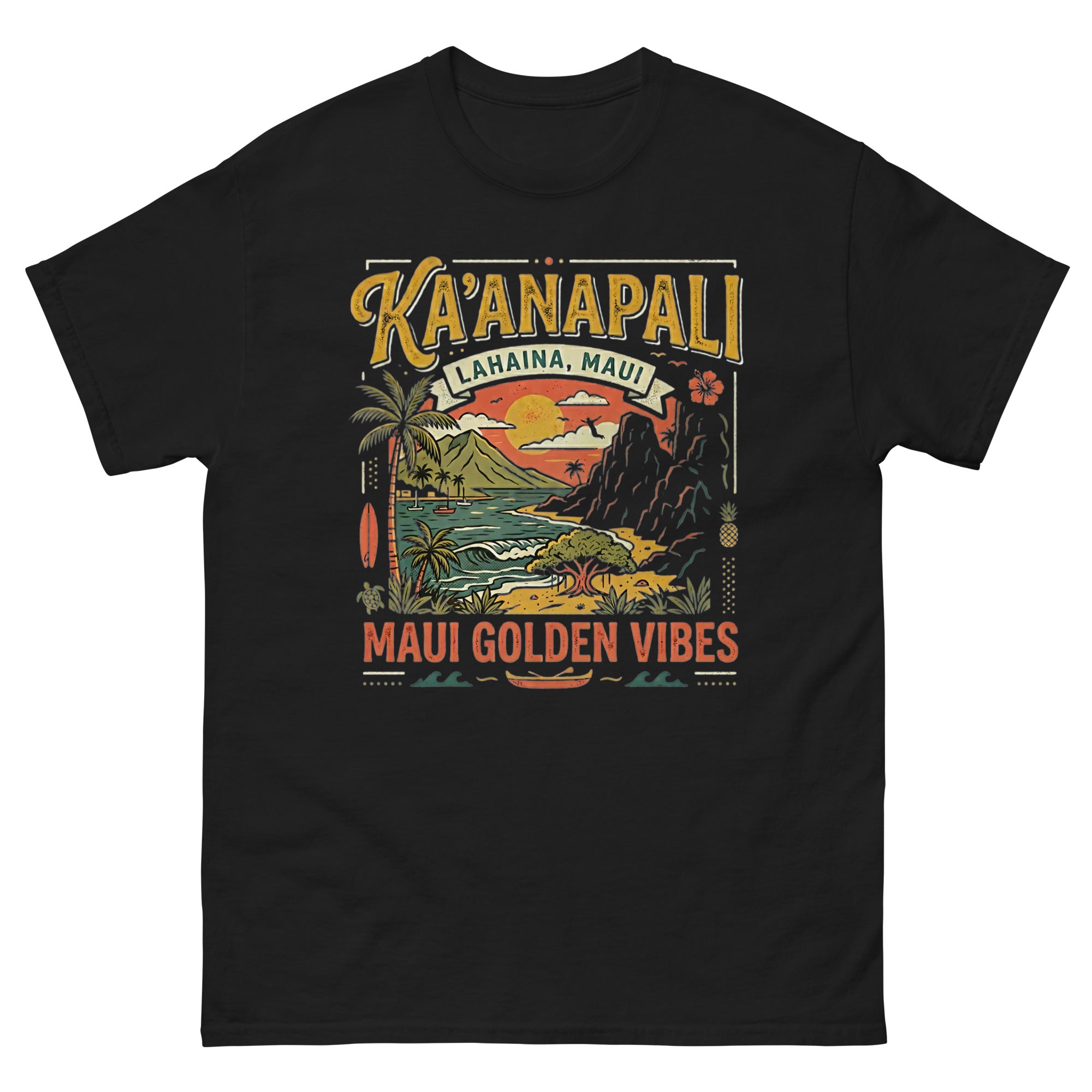 Kaanapali Lahaina Maui Golden Vibes v2 Hawaiian t-shirt design on a Black unisex tee