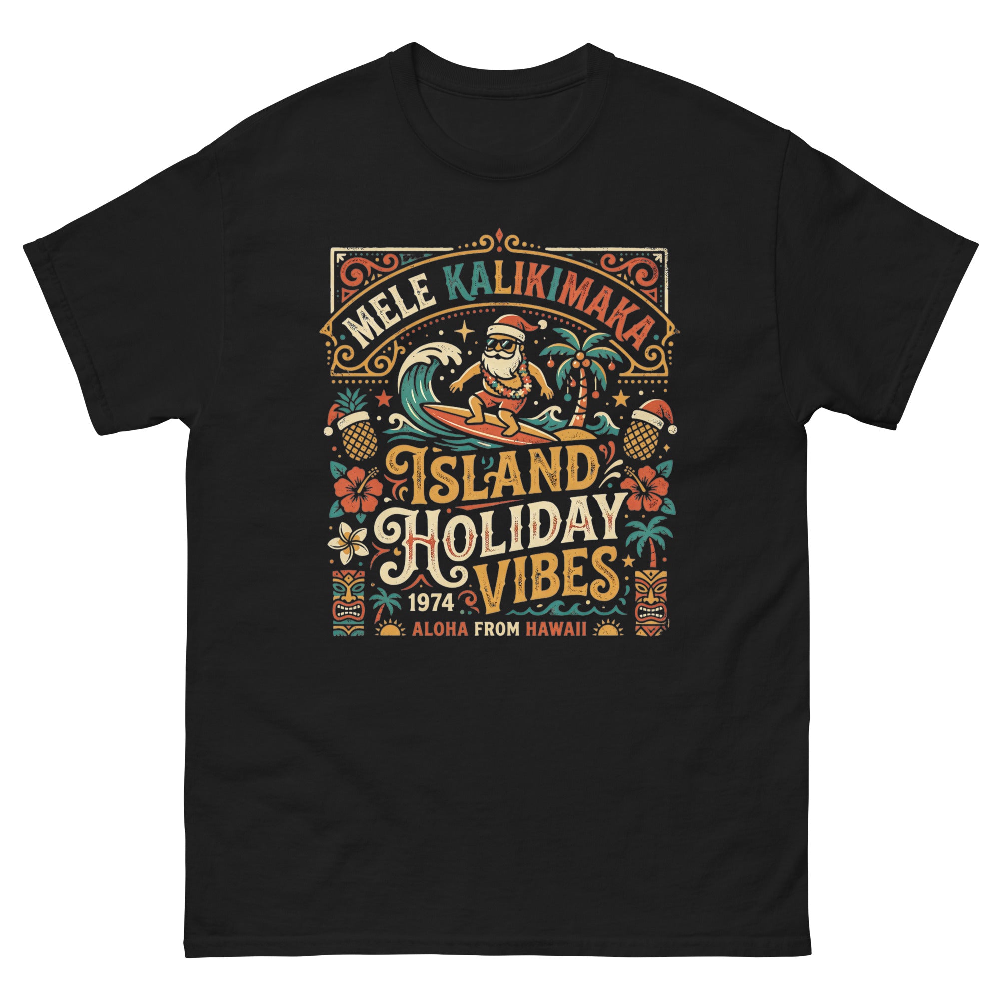 Mele Kalikimaka Island Holiday Vibes Hawaiian t-shirt design on a Black unisex tee
