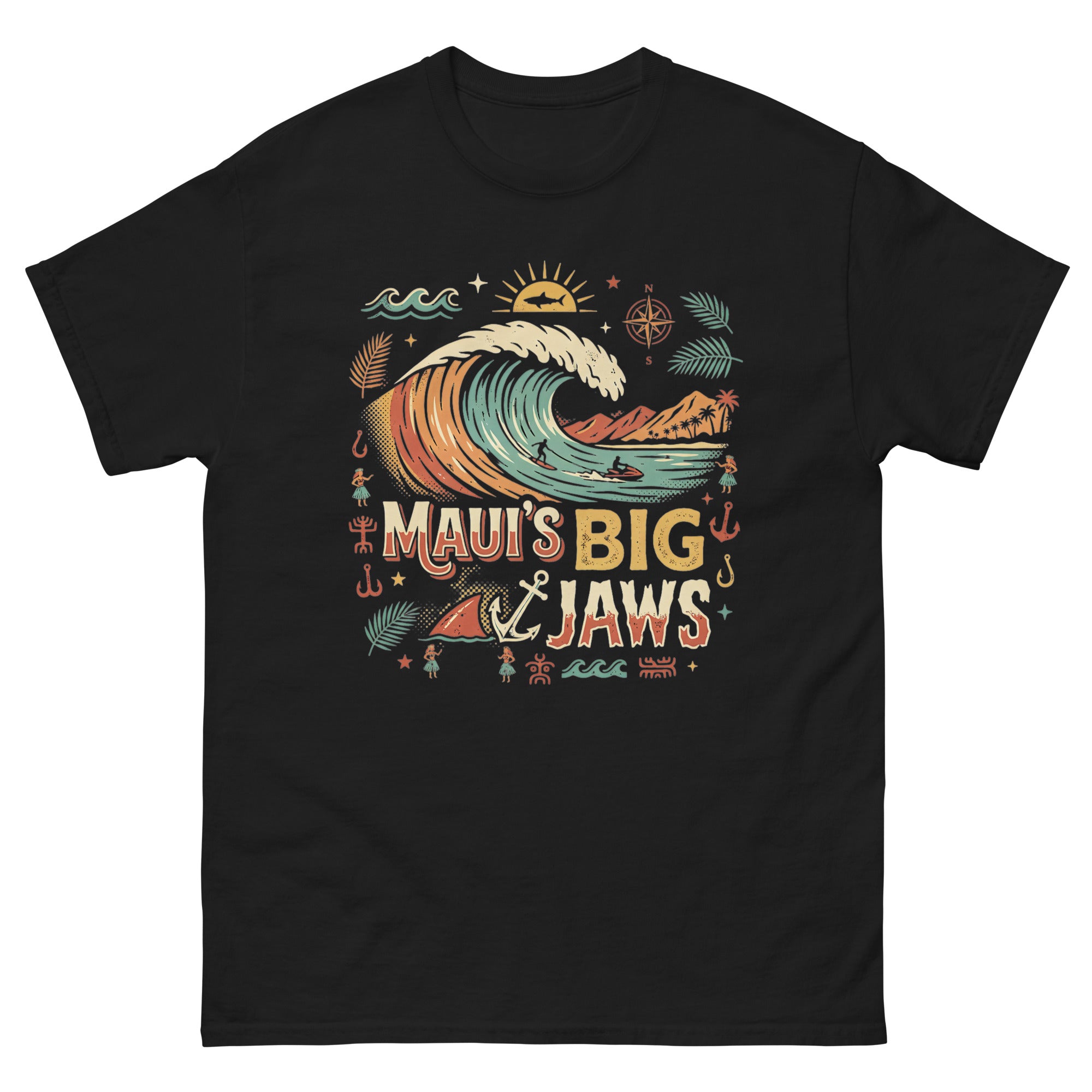 Mauis Big Jaws Hawaiian t-shirt design on a Black unisex tee