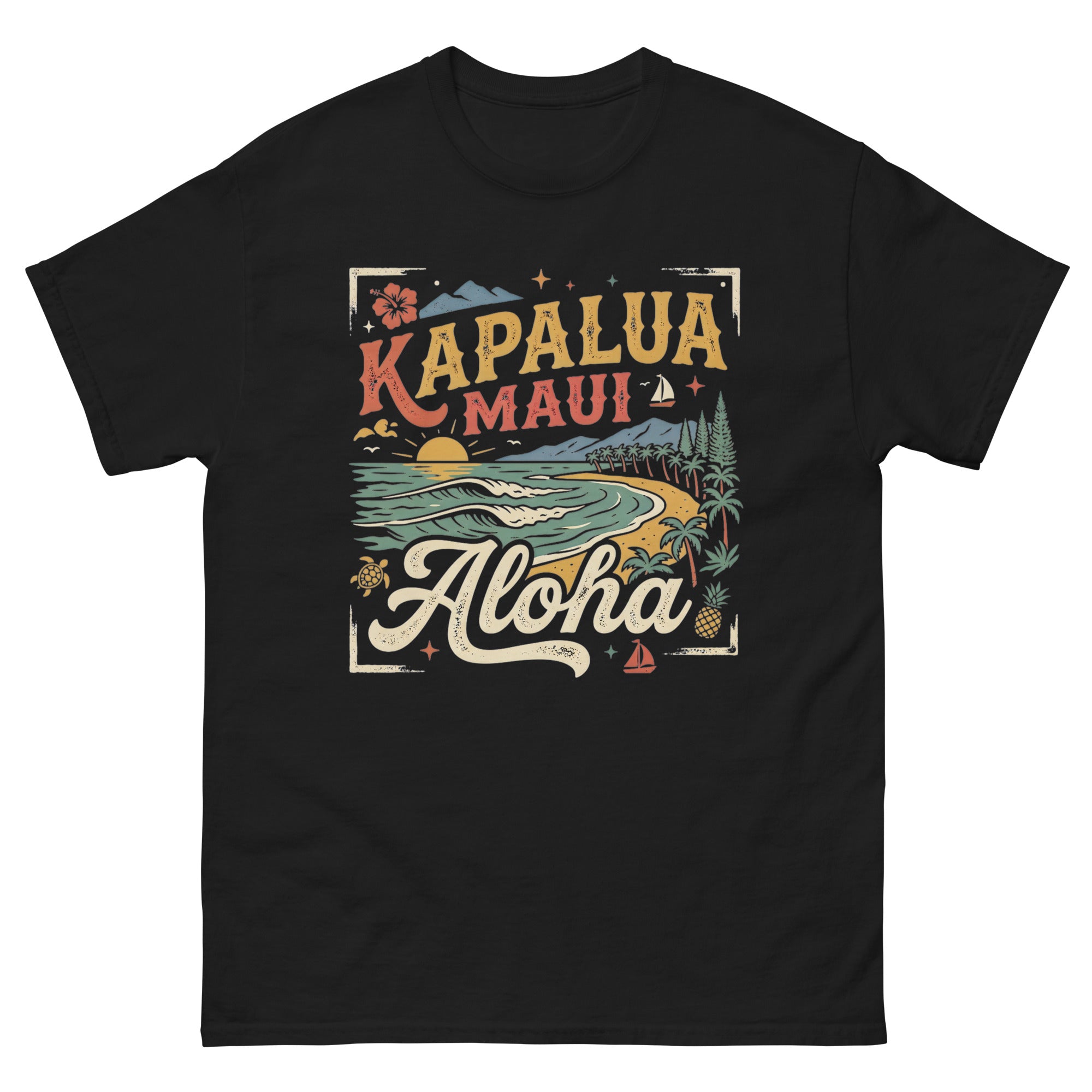 Kapalua Maui Aloha Hawaiian t-shirt design on a Black unisex tee