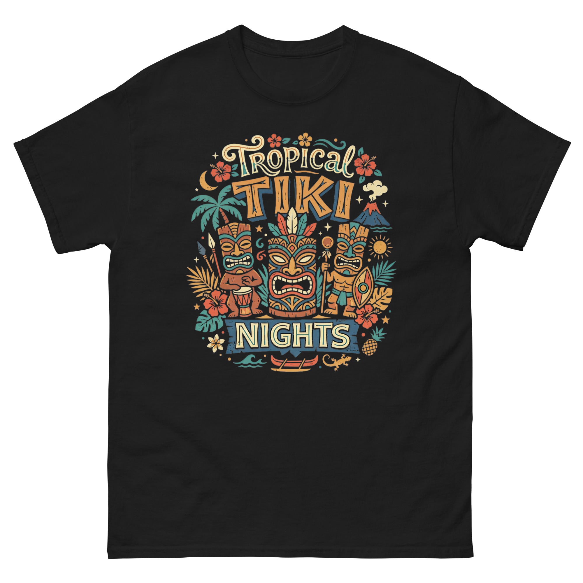 Tropical Tiki Nights v1 Hawaiian t-shirt design on a Black unisex tee
