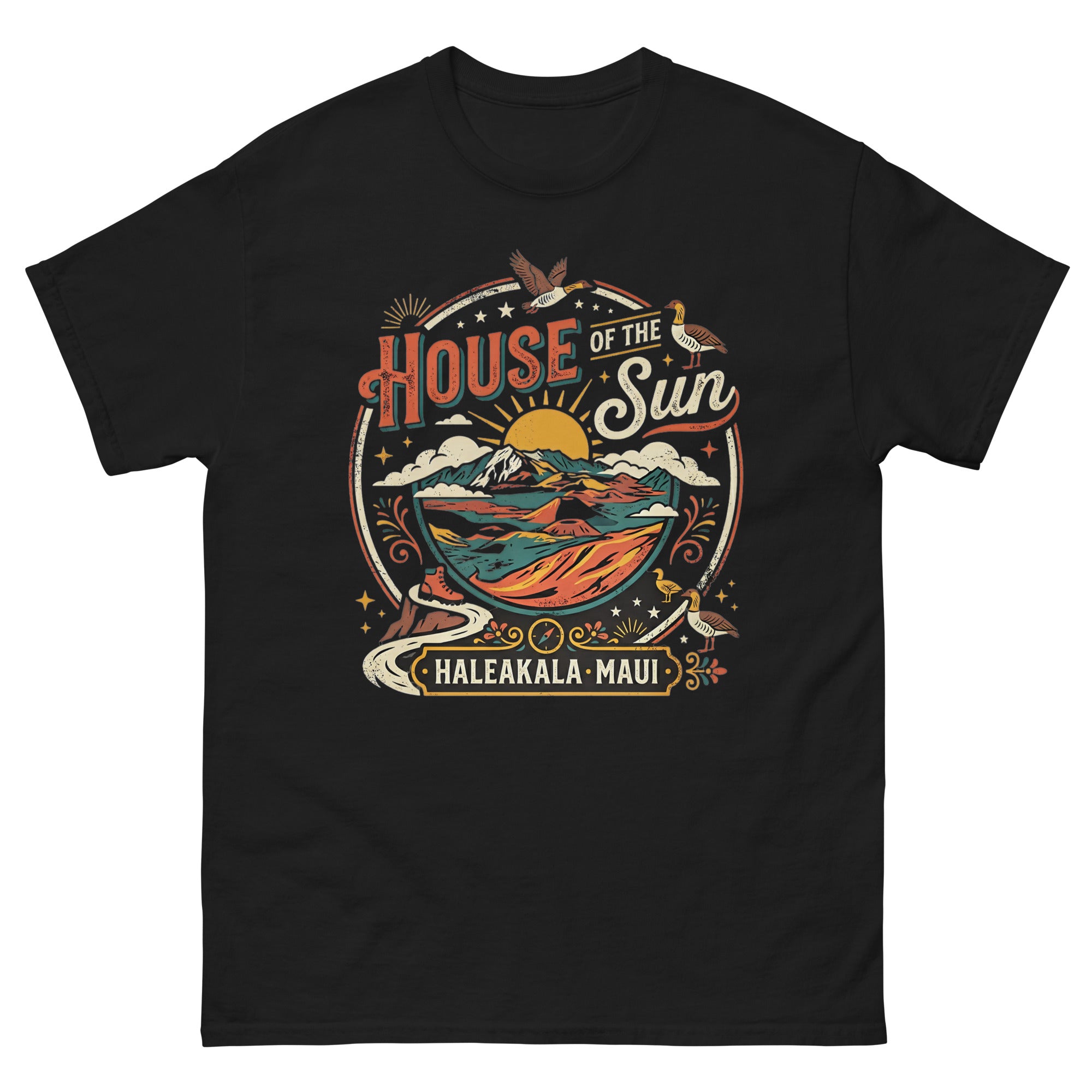 House of the Sun Haleakala Maui Hawaiian t-shirt design on a Black unisex tee