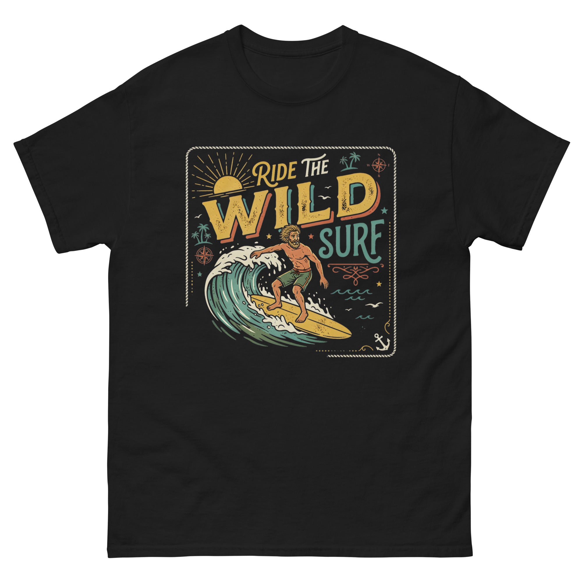 Ride the Wild Surf Hawaiian t-shirt design on a Black unisex tee