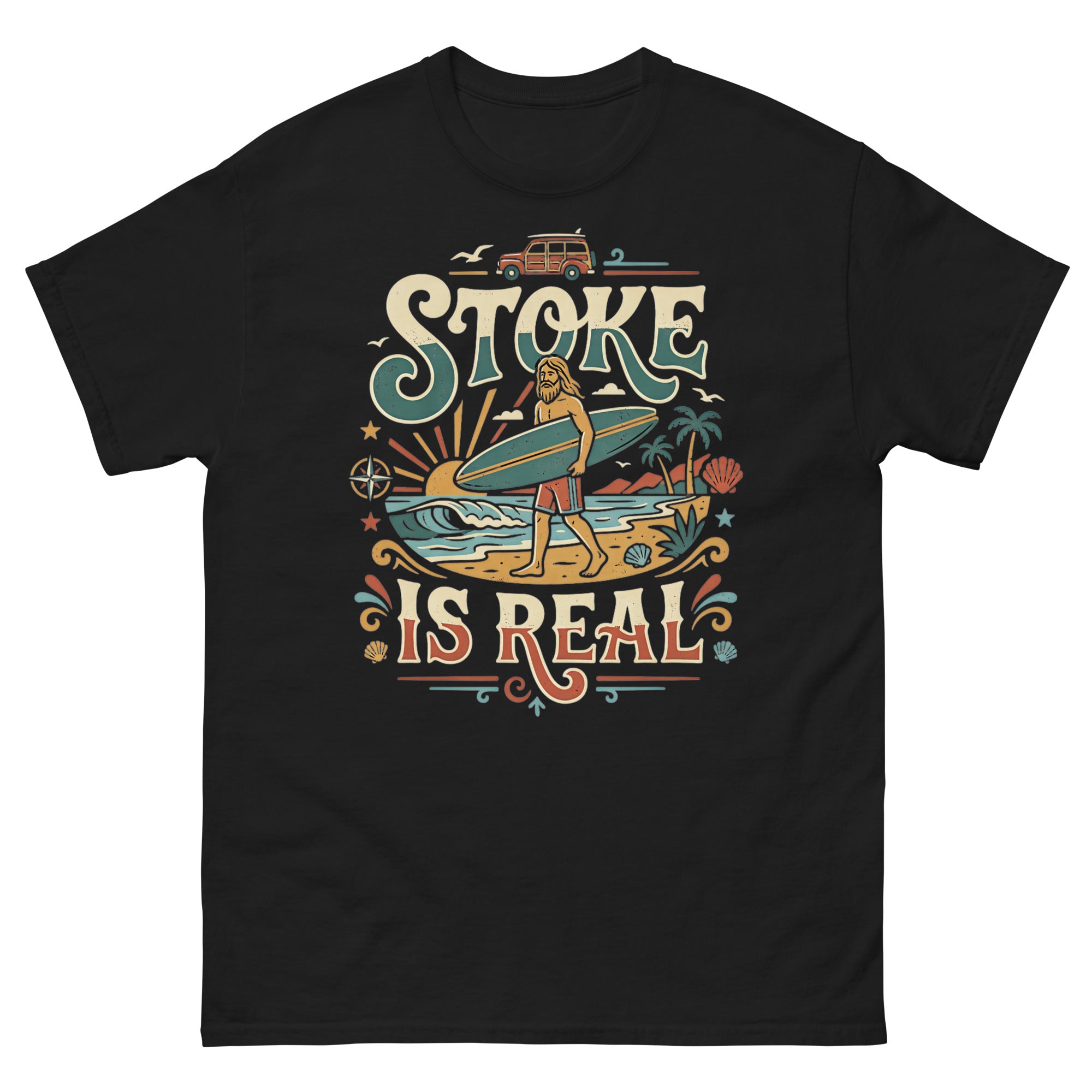 Stoke Is Real v3 Hawaiian t-shirt design on a Black unisex tee