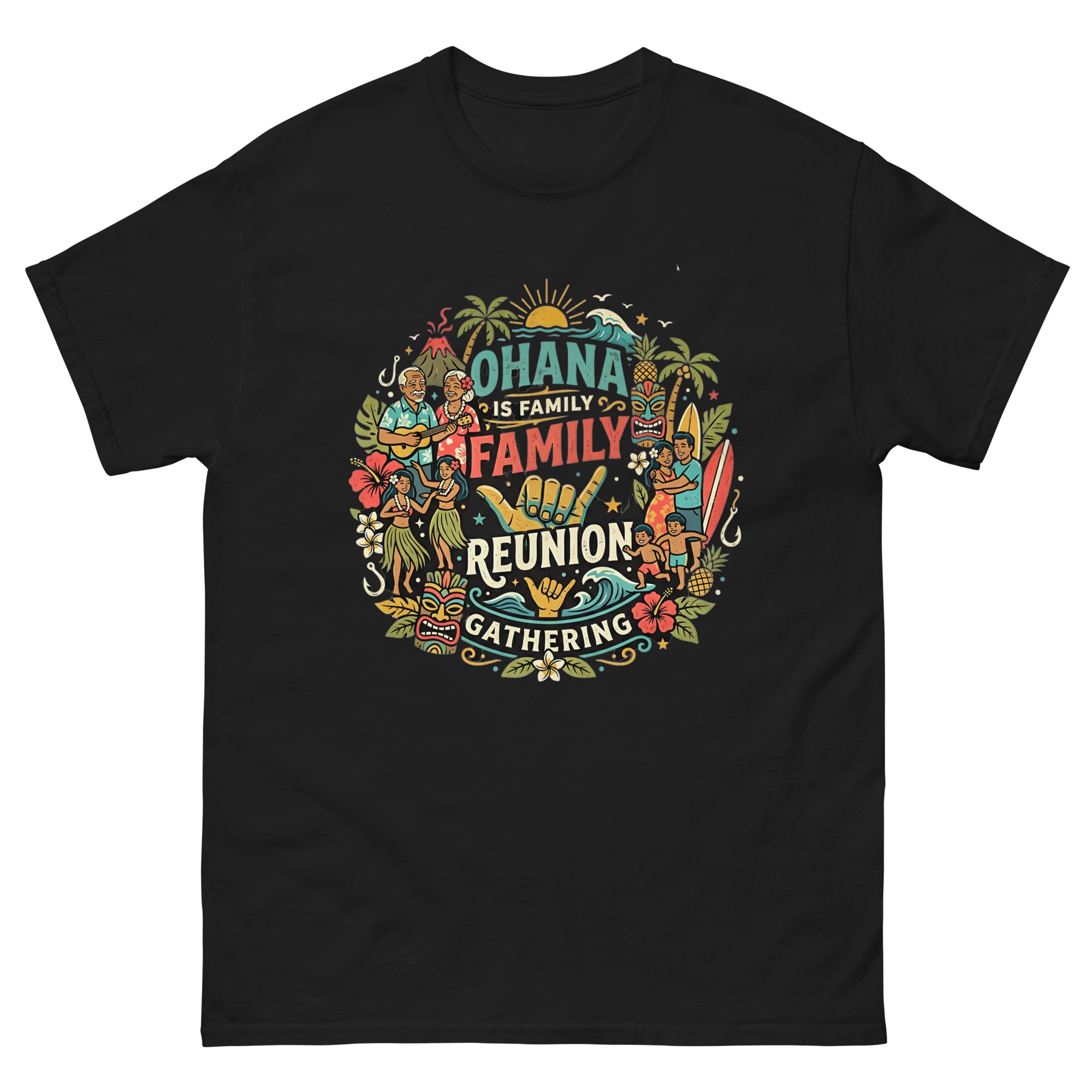 Ohana Family Reunion Hawaiian t-shirt design on a Black unisex tee