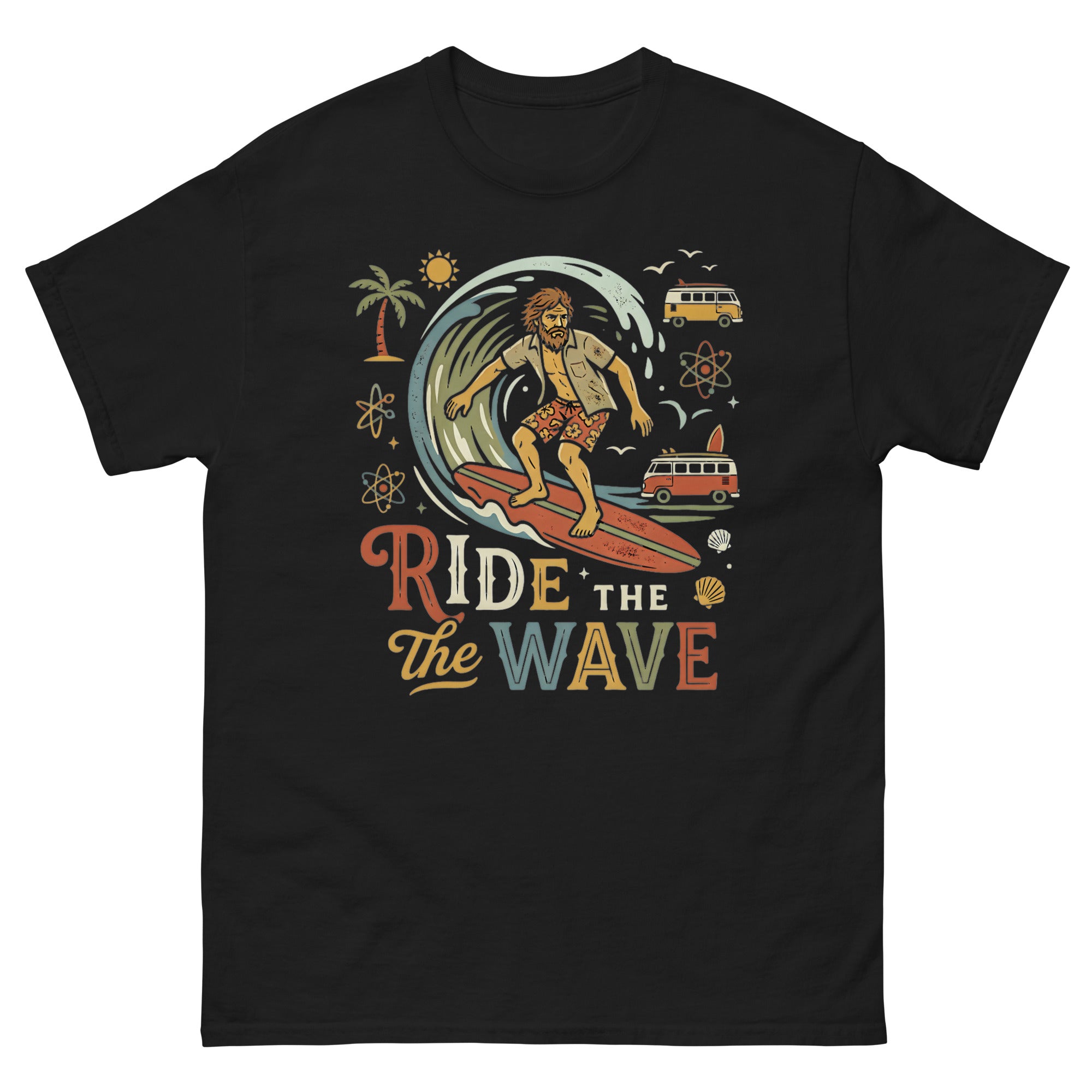 Ride the Wave Hawaiian t-shirt design on a Black unisex tee