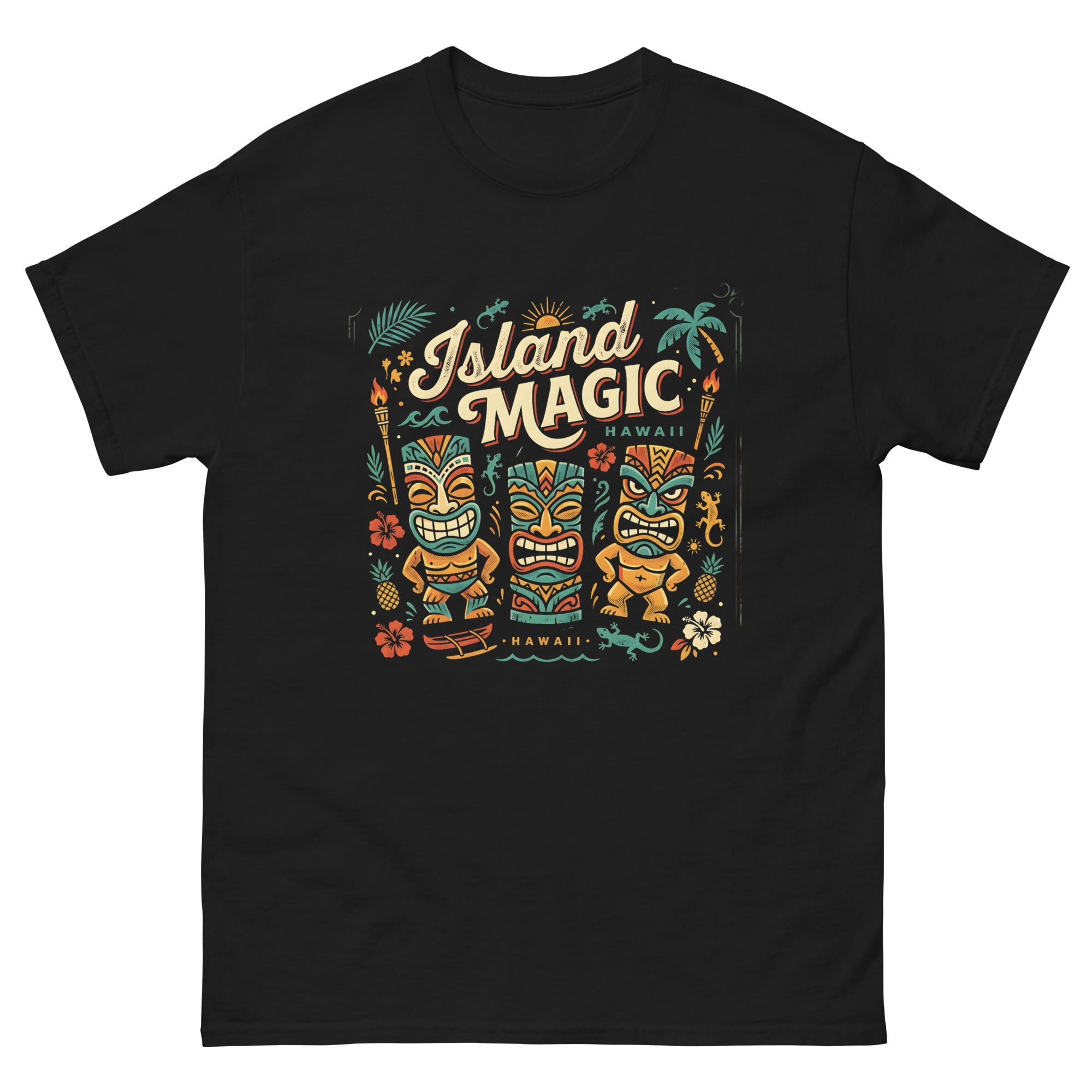 Tropical Tiki Nights v3 Hawaiian t-shirt design on a Black unisex tee