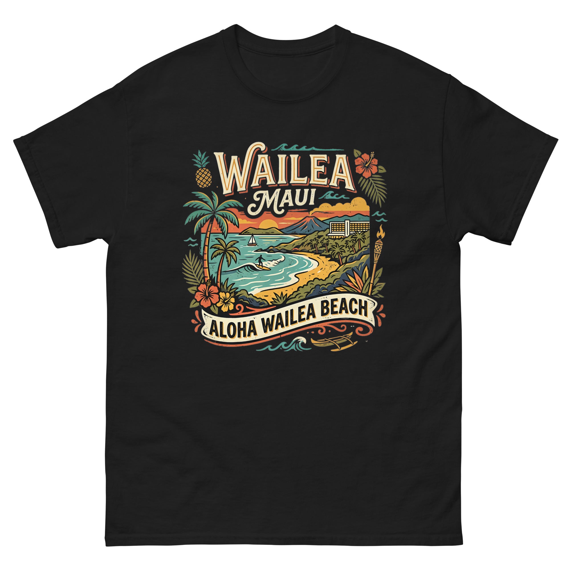 Wailea Maui Aloha Beach Hawaiian t-shirt design on a Black unisex tee