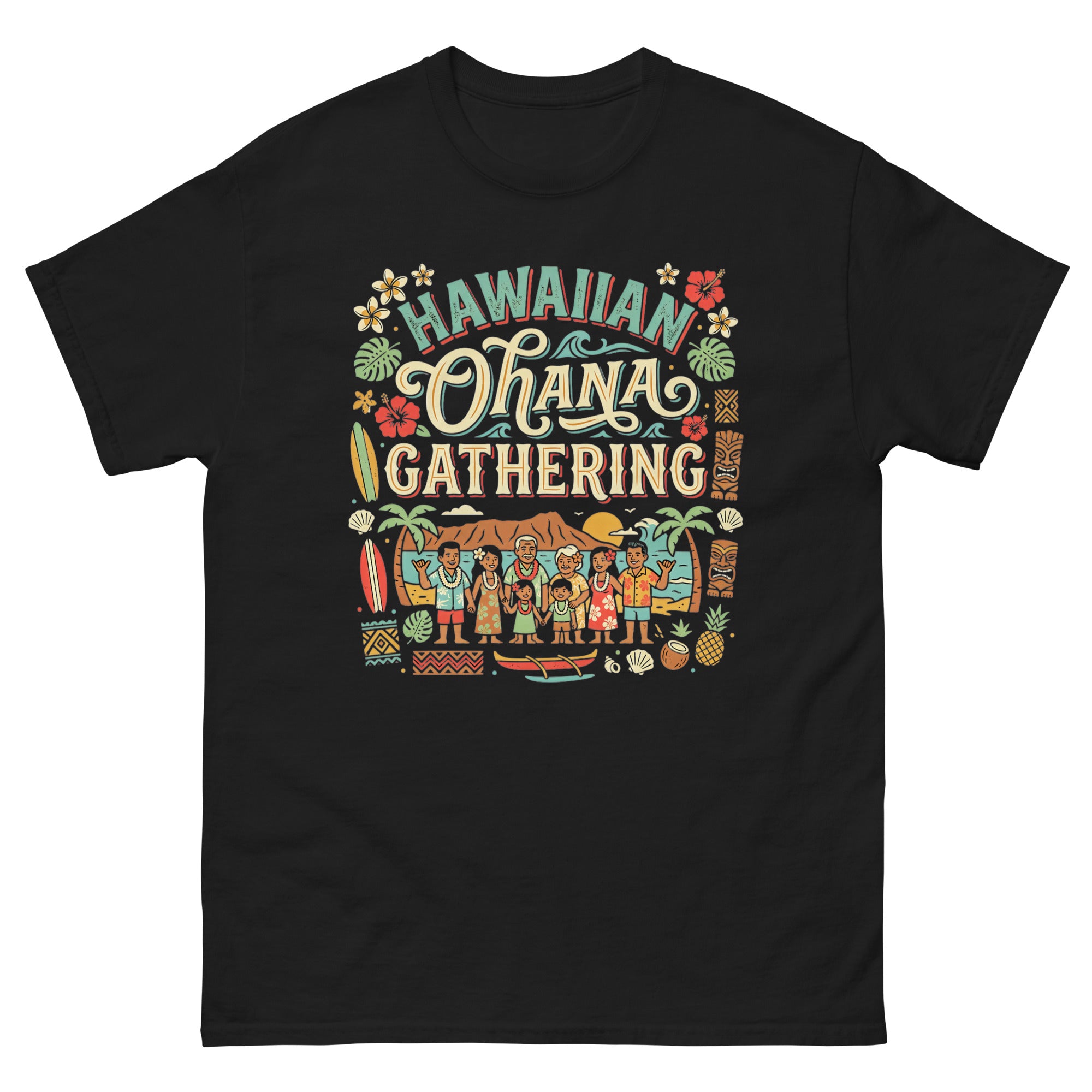 Ohana Family Reunion Gathering v3 Hawaiian t-shirt design on a Black unisex tee