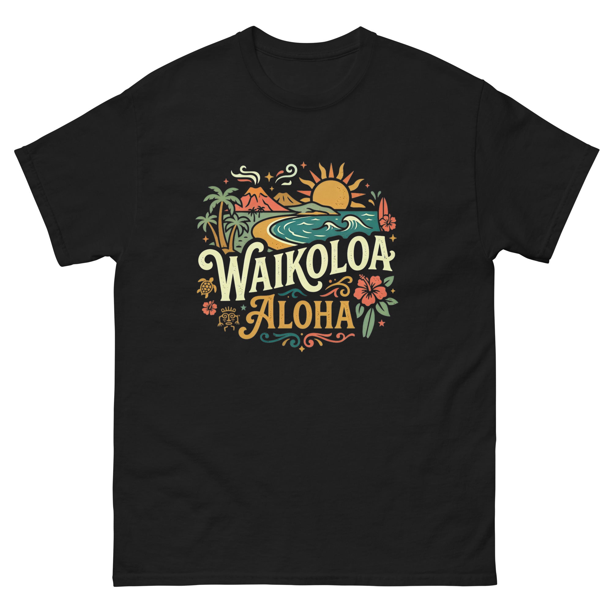 Waikoloa Aloha Hawaiian t-shirt design on a Black unisex tee
